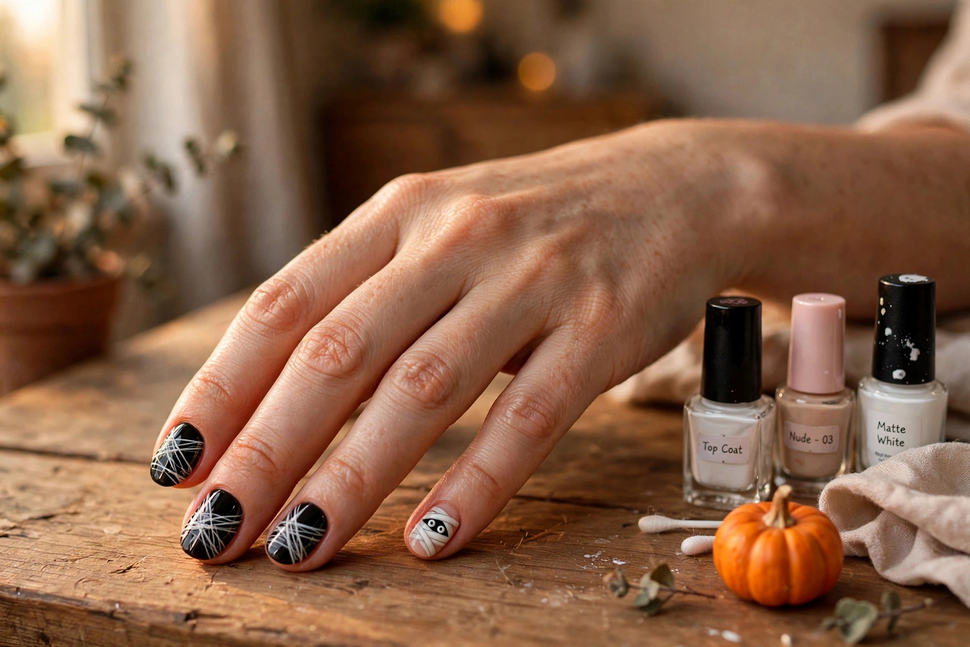 Easy Halloween nail art designs: white mummy wrap lines on black nails