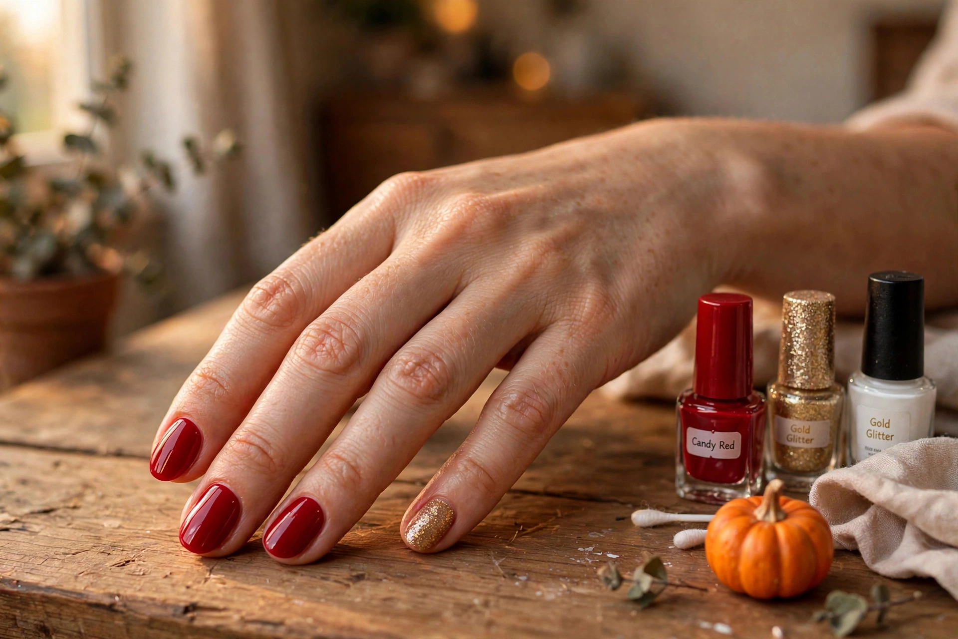 Easy Halloween nail art designs: glossy candy apple red nails with gold glitter accent