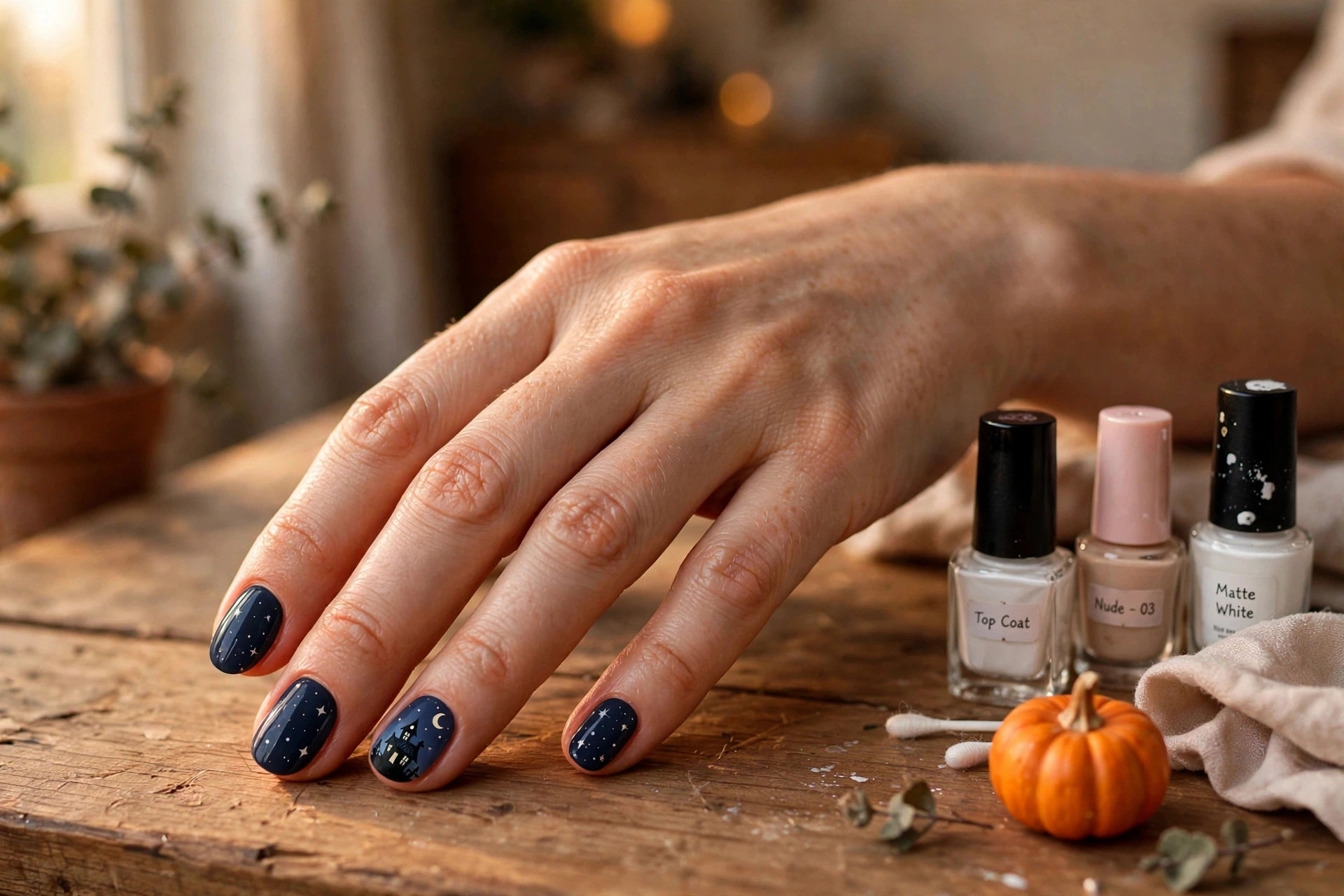 Easy Halloween nail art designs: haunted house silhouette against a moonlit sky