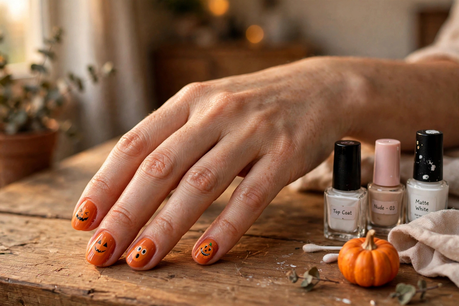 Easy Halloween nail art designs: jack-o-lantern faces on orange nails