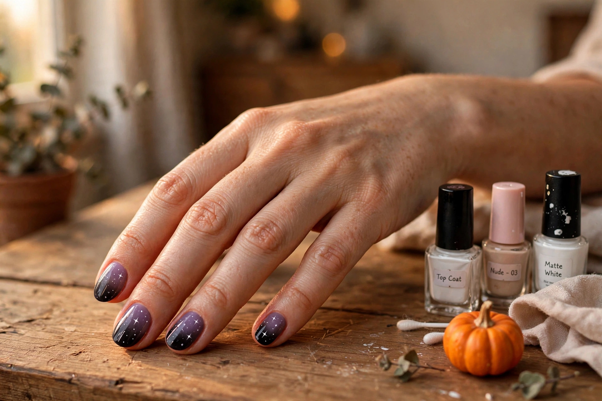 Easy Halloween nail art designs: purple and black ombre nails with tiny stars
