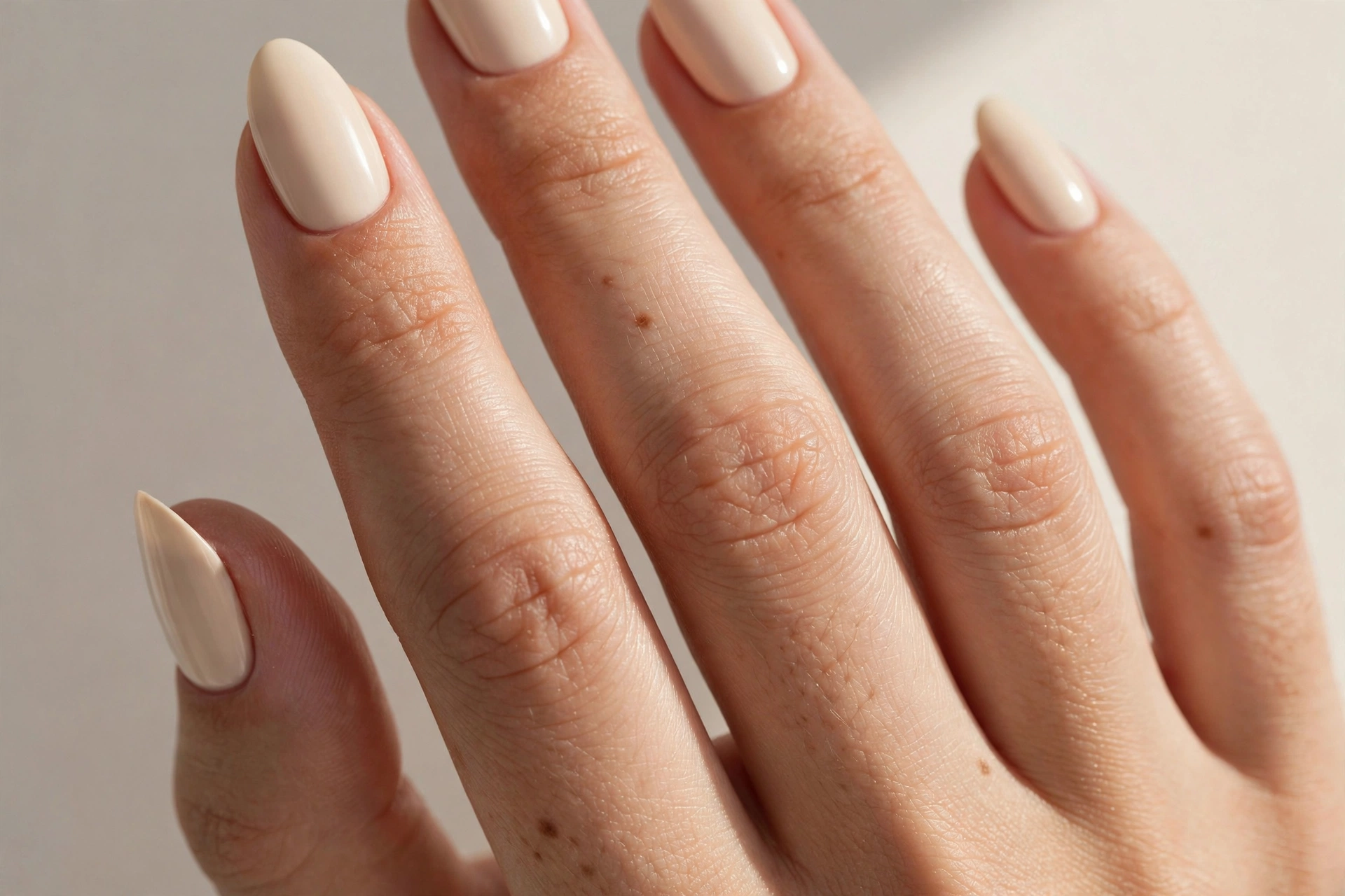 Simple nude cream polish manicure on almond shaped nails