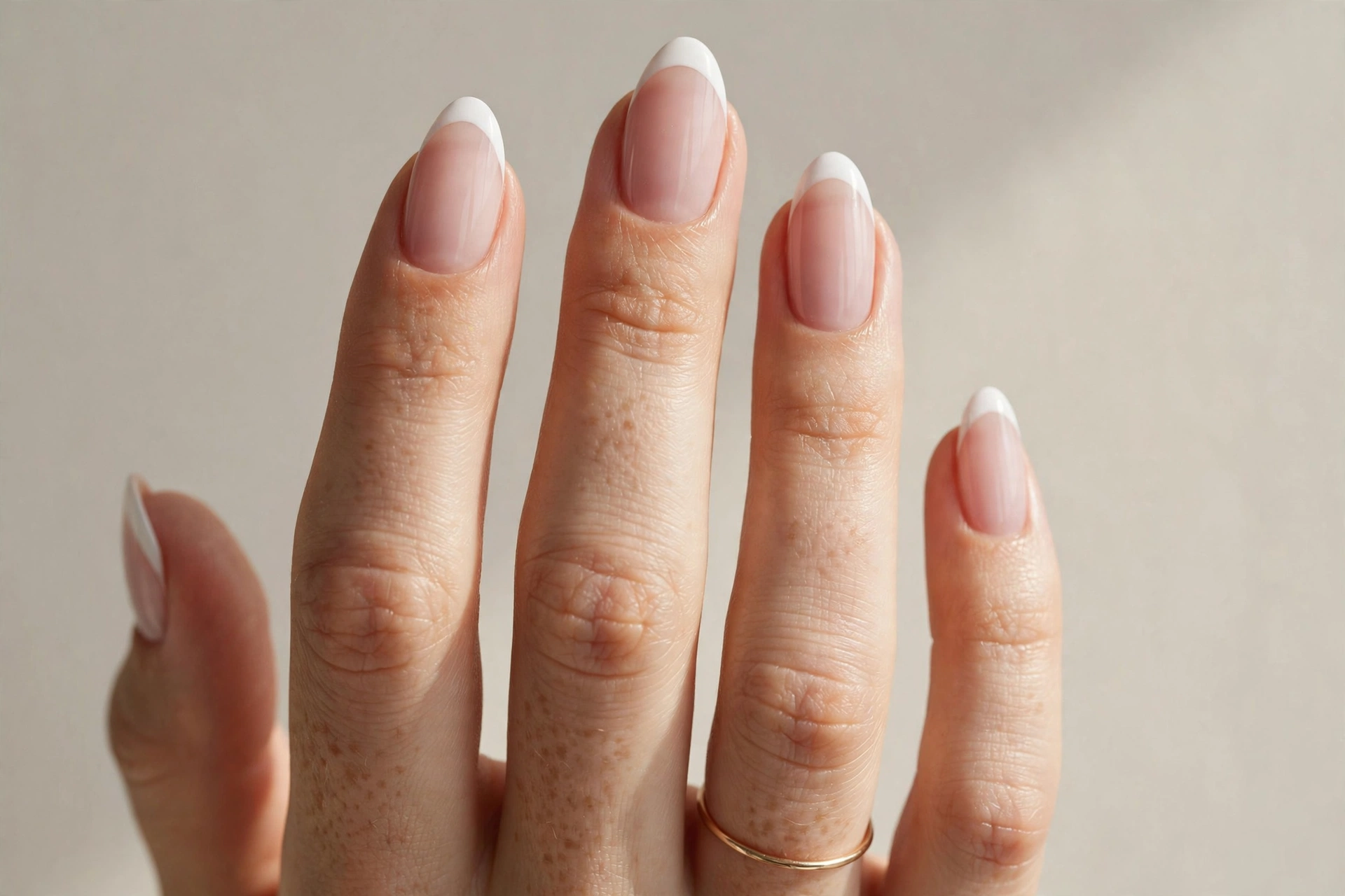 Classic white French tips on sheer pink almond nails