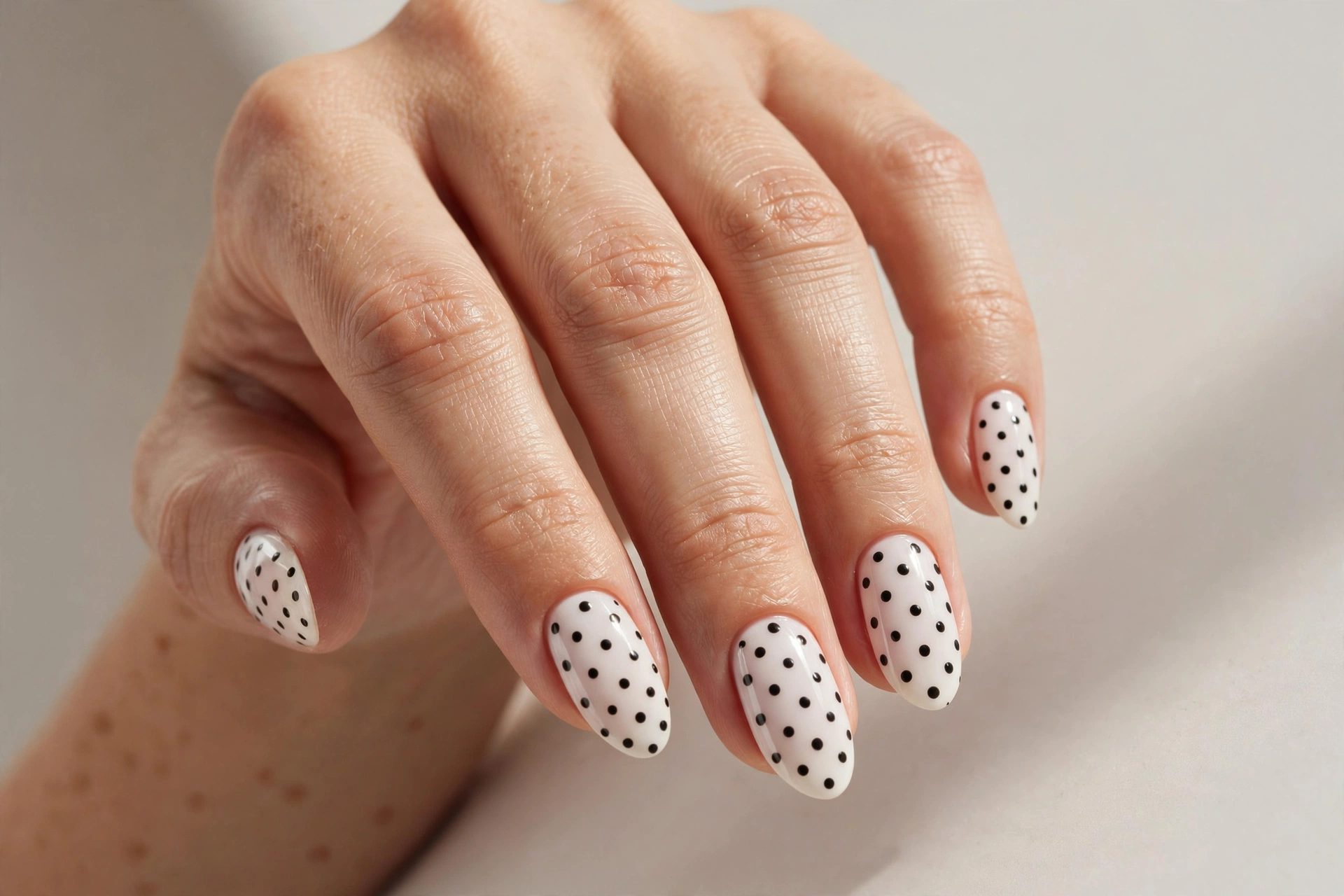 Black polka dots on white almond shaped nails