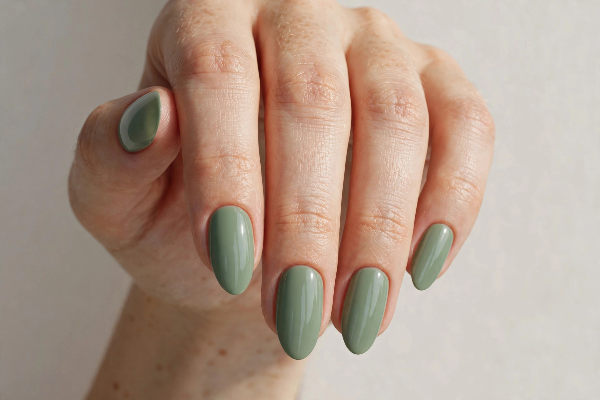 Solid sage green polish manicure on almond nails
