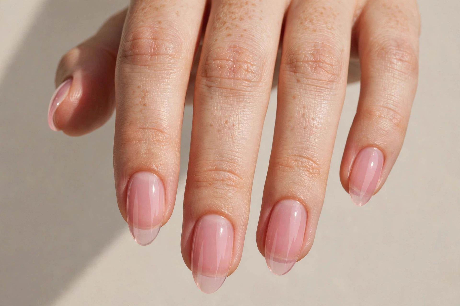 Sheer pink jelly nails with glossy finish