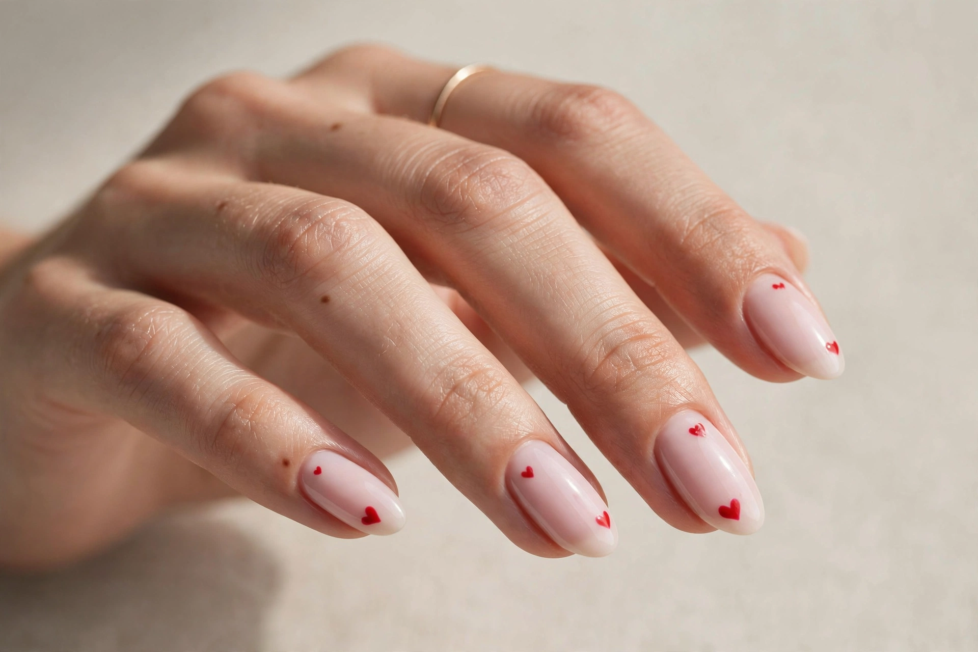 Tiny red hearts on pale pink almond nails
