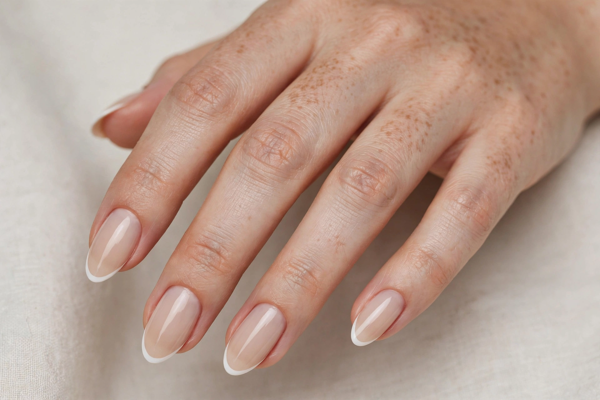 Micro French tips with thin white lines on beige almond nails