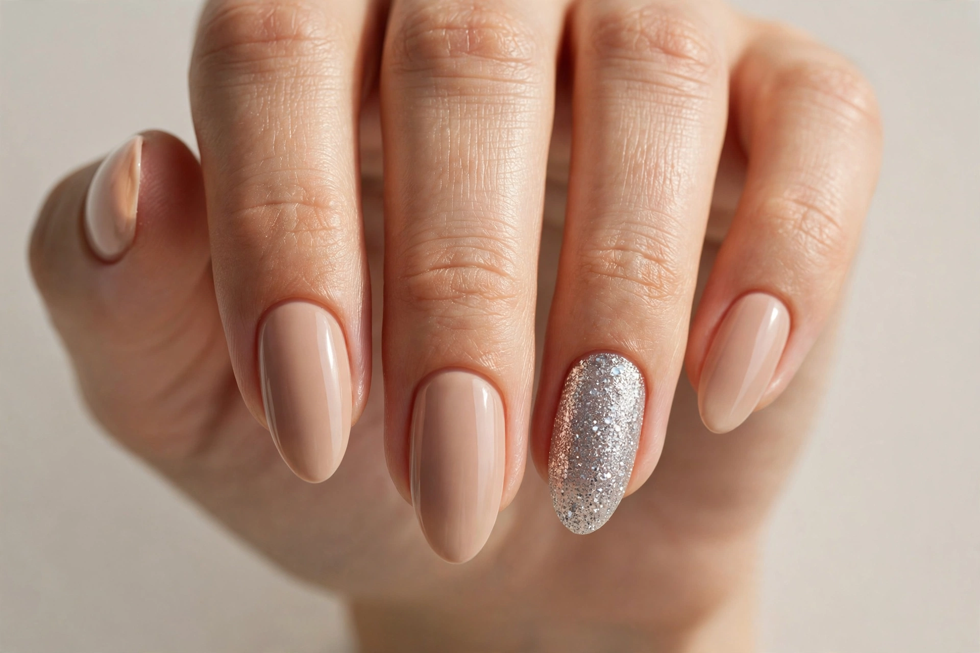 Nude nails with one silver glitter accent nail