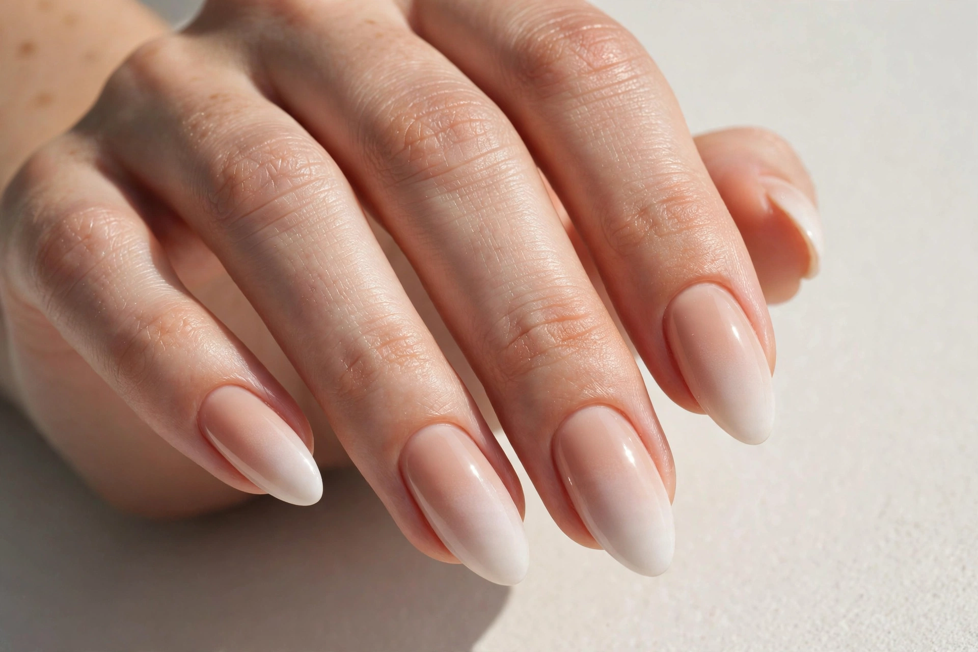 Soft nude to white ombre manicure on almond nails