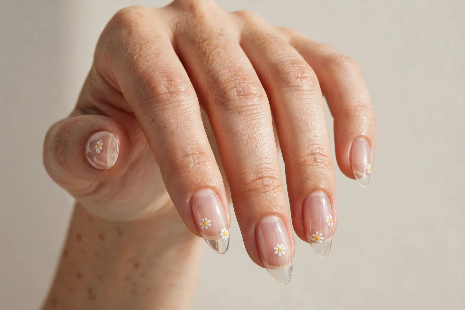 Tiny white daisies on clear natural almond nails