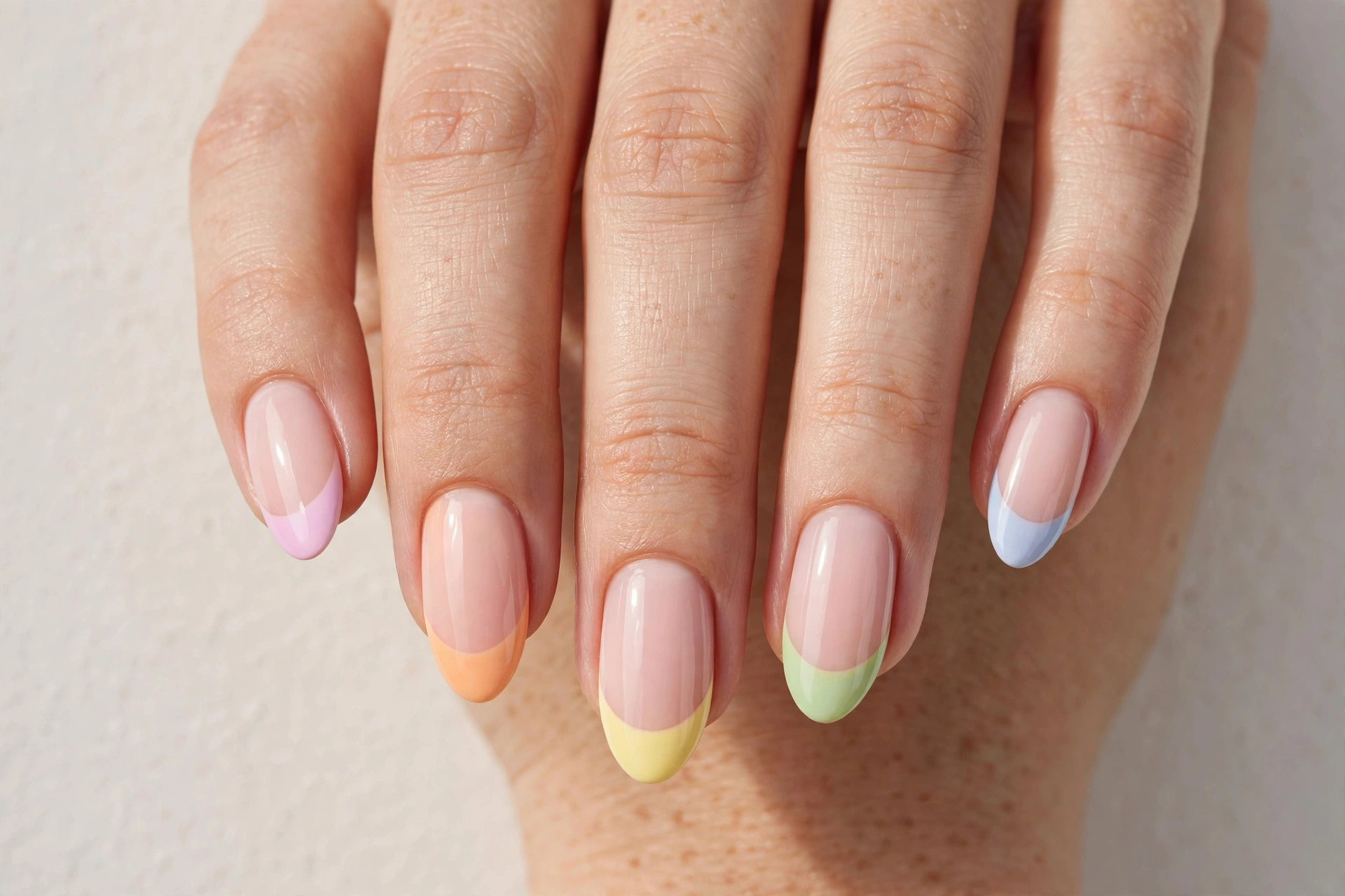 Pastel rainbow French tips on almond nails