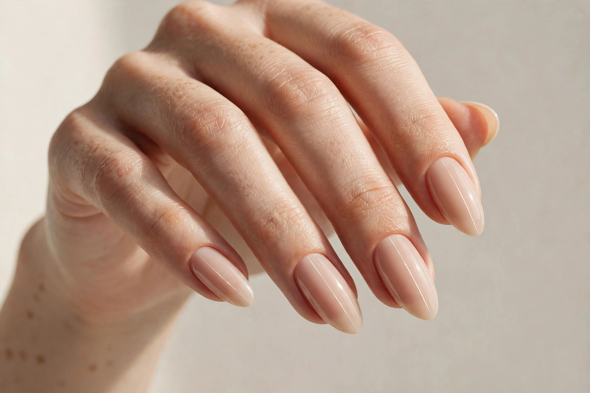 Minimal thin white line stripes on nude almond nails