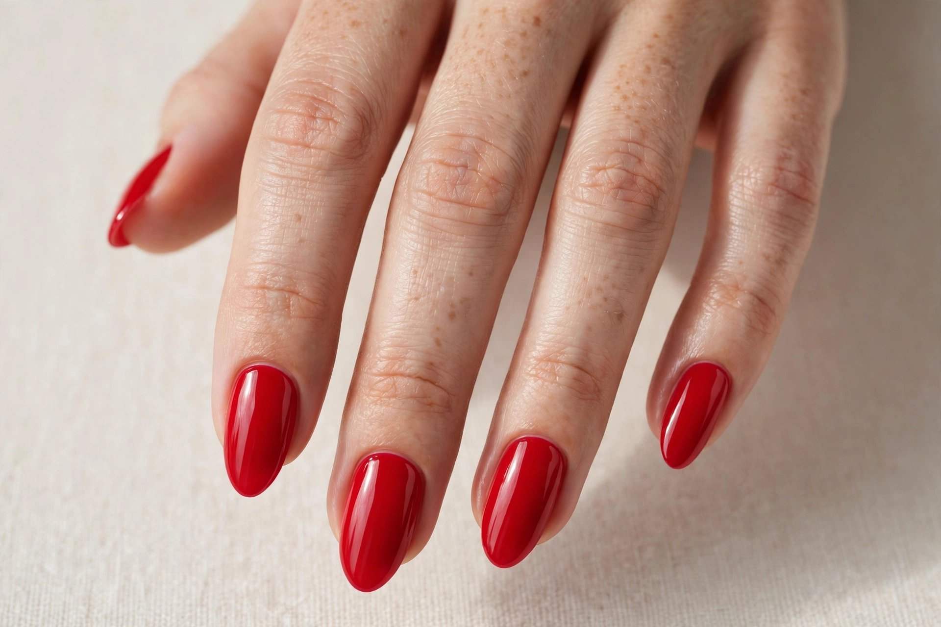 Classic glossy red manicure on almond nails