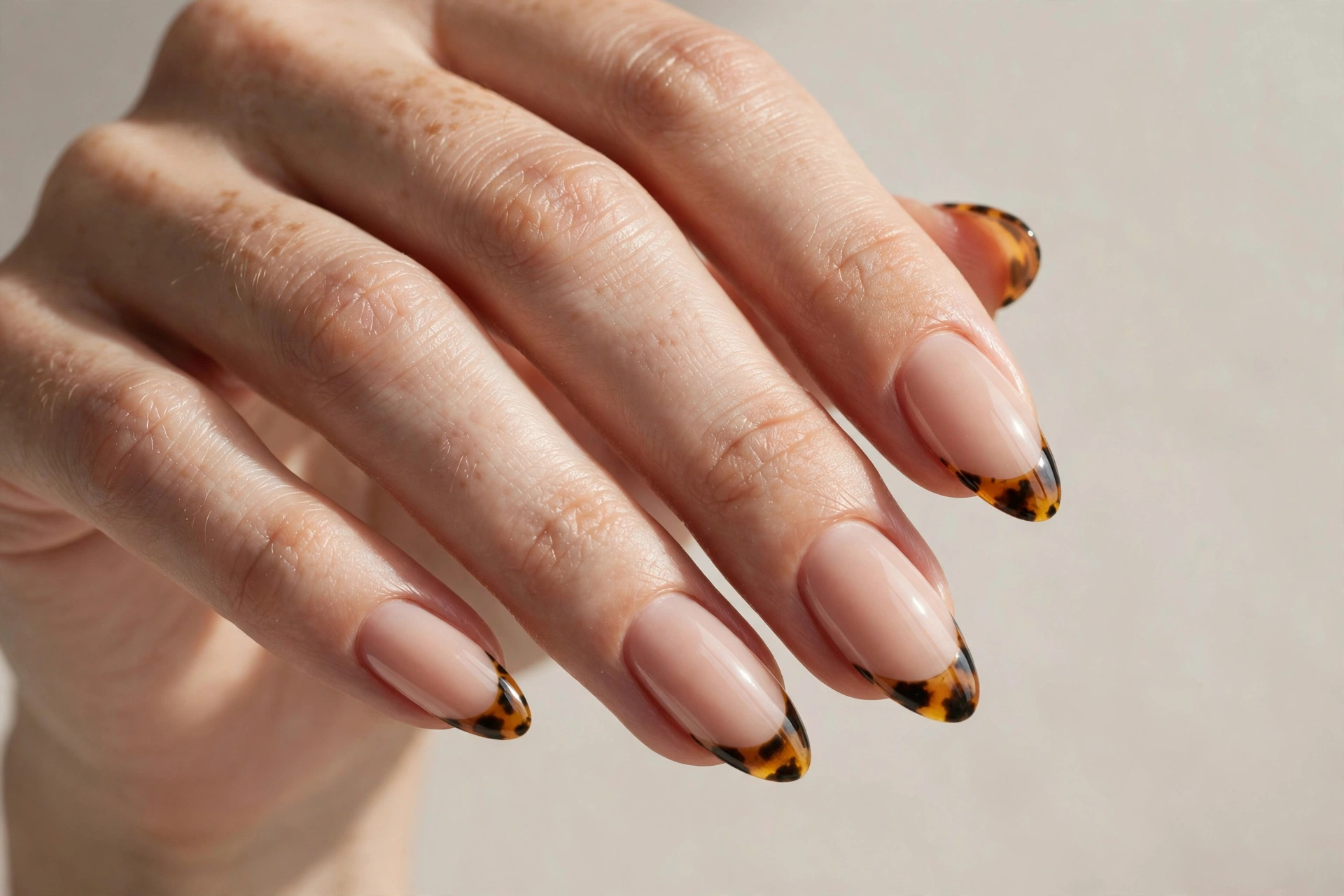 Tortoise shell tips on nude almond nails