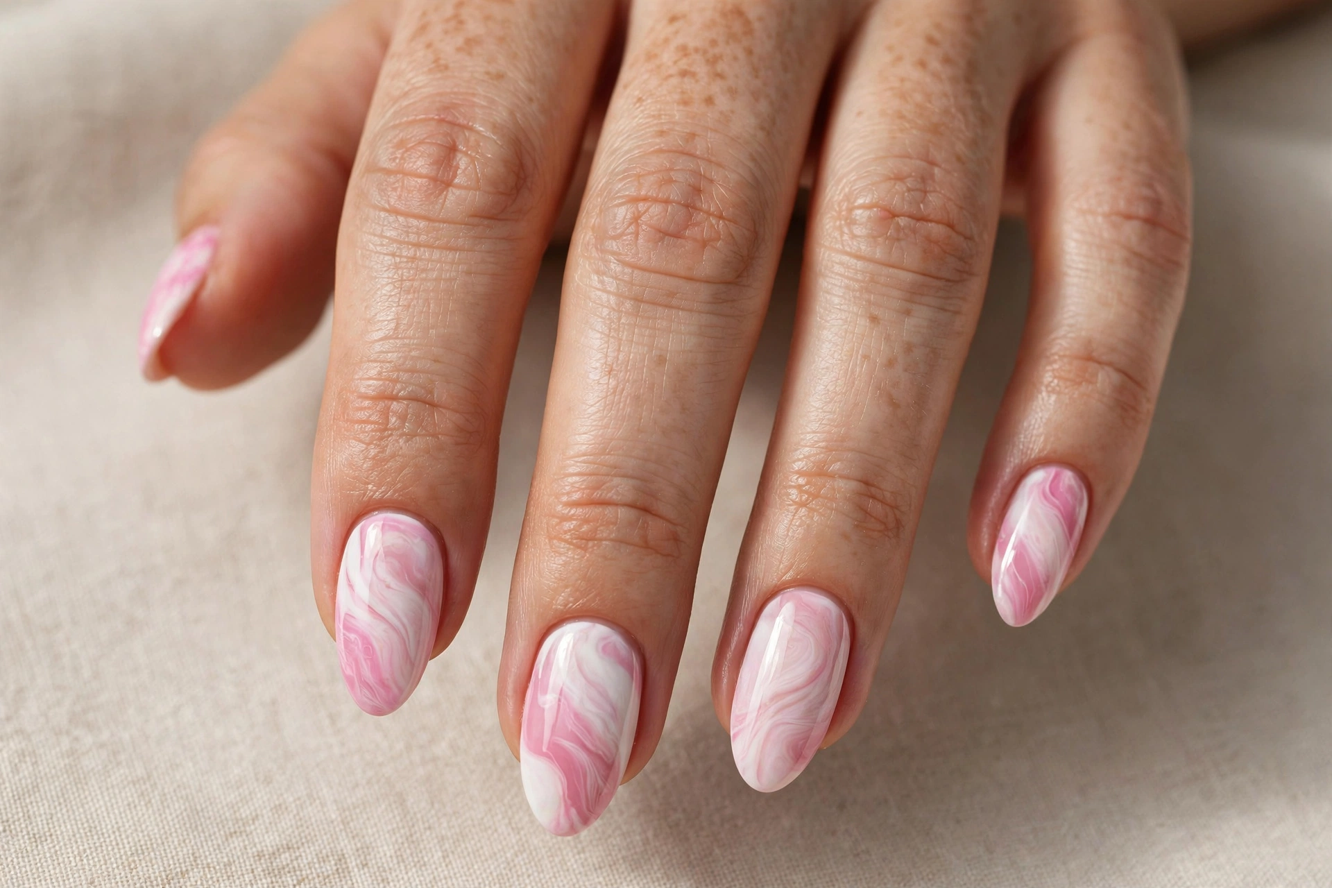 Pink and white marble swirl nails