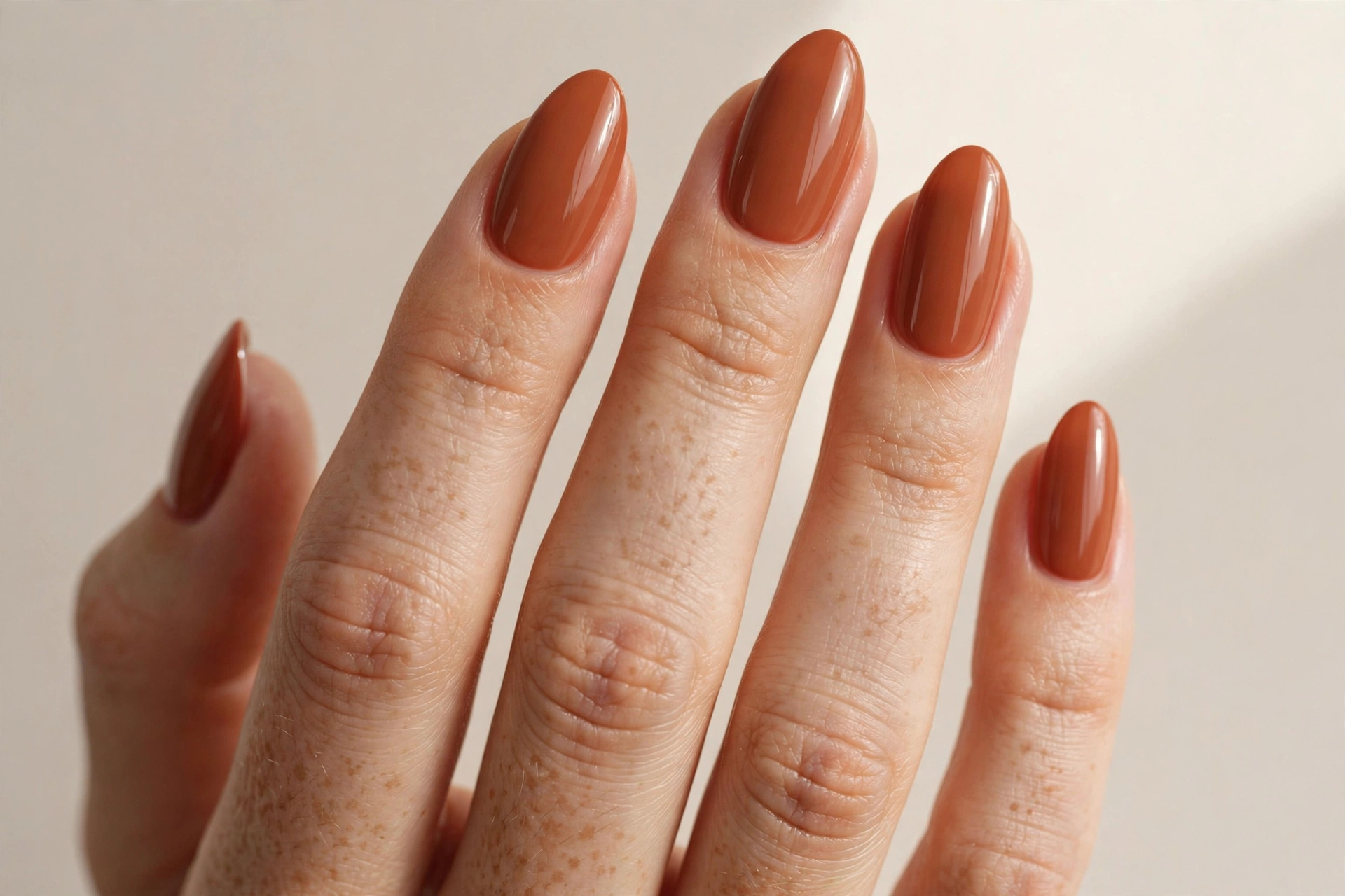 Solid terracotta polish manicure on almond nails