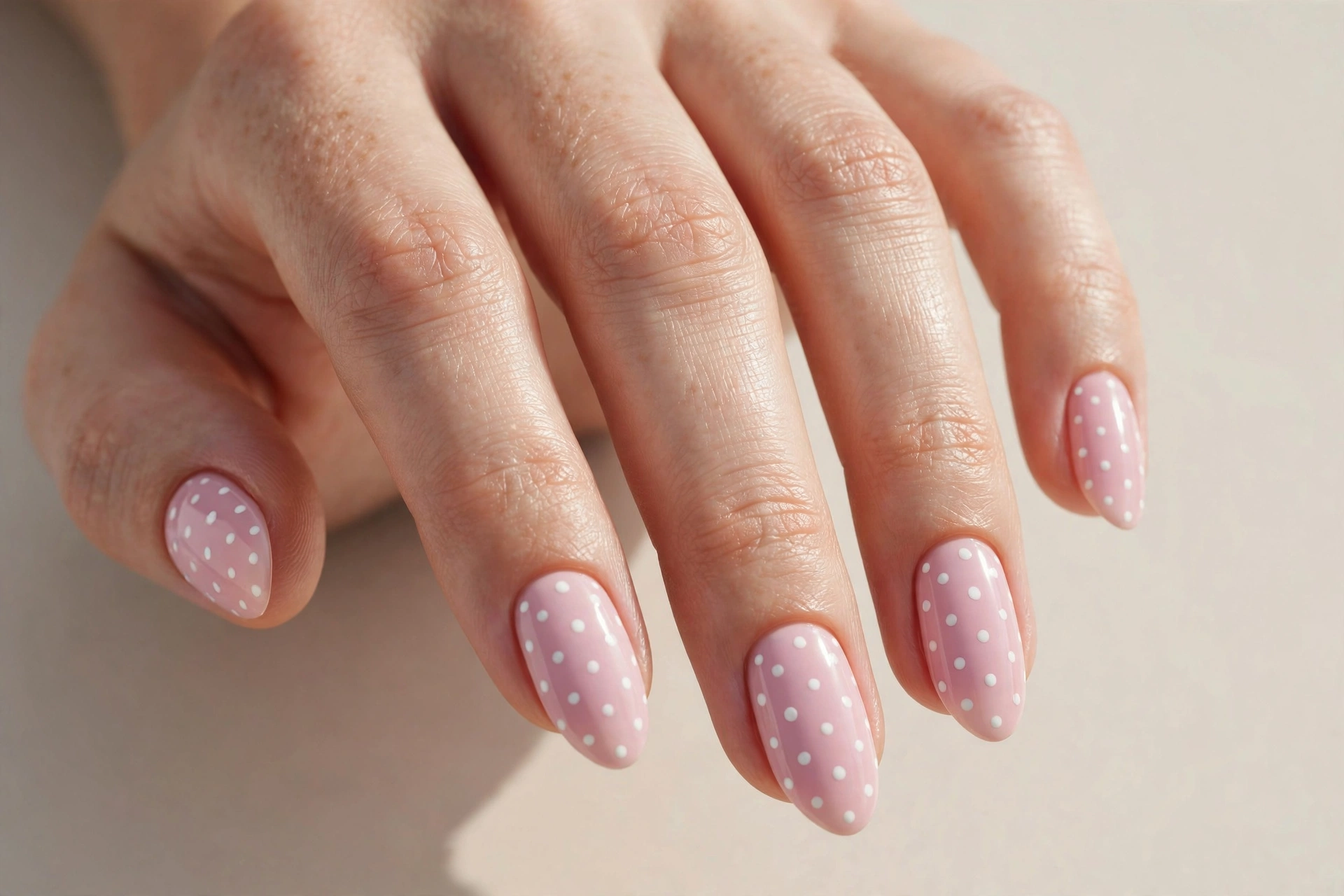 White polka dots on pastel pink almond nails