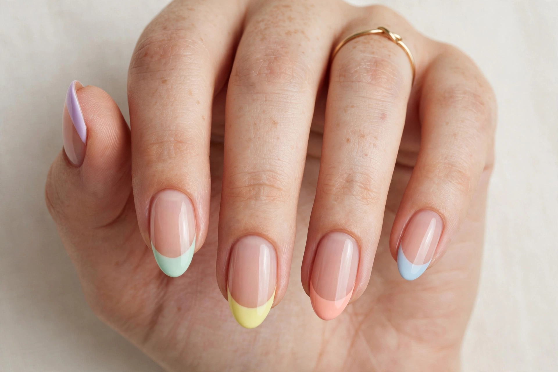 Pastel colored french tips on almond shaped nails