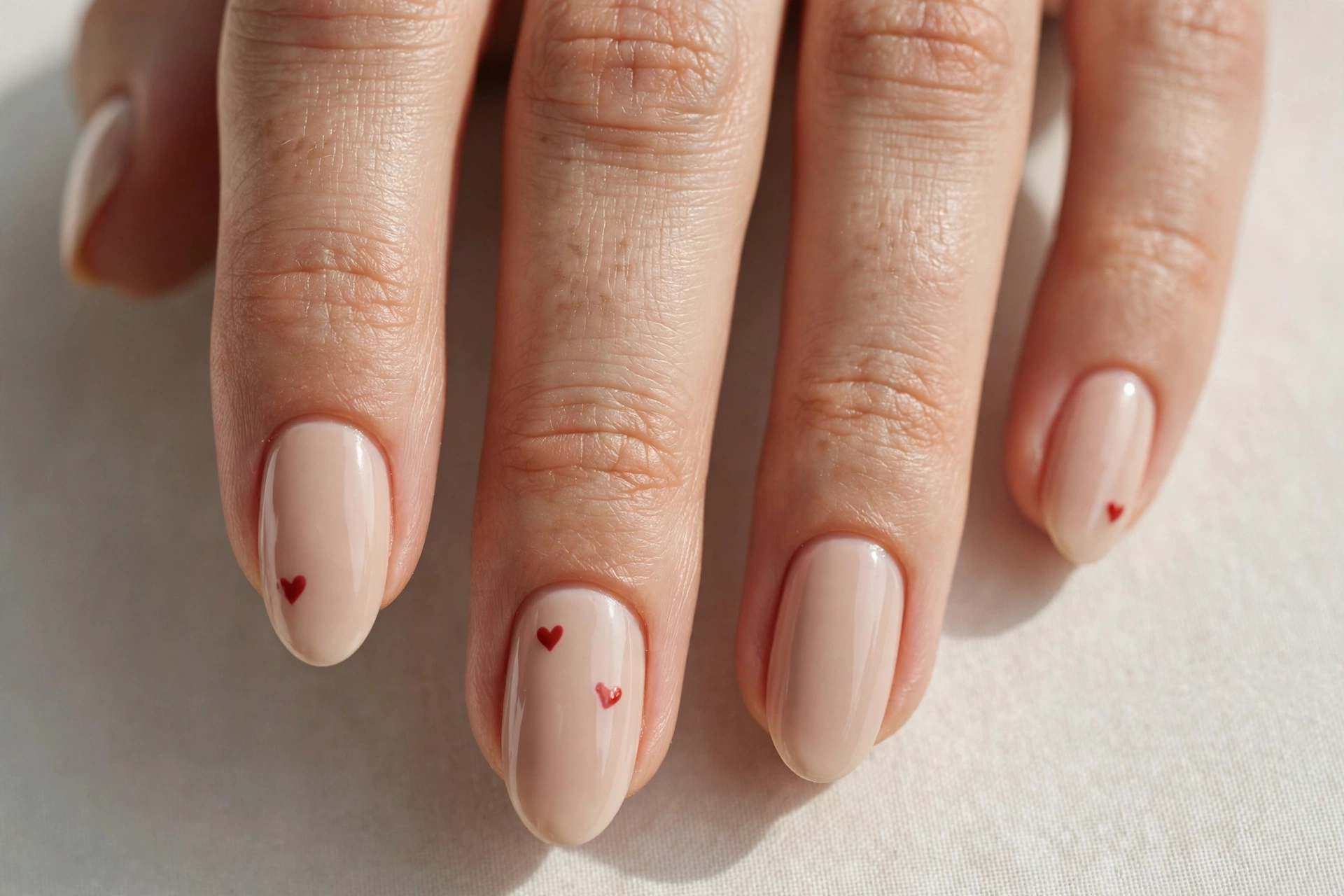 Tiny red heart nail art on nude pink nails