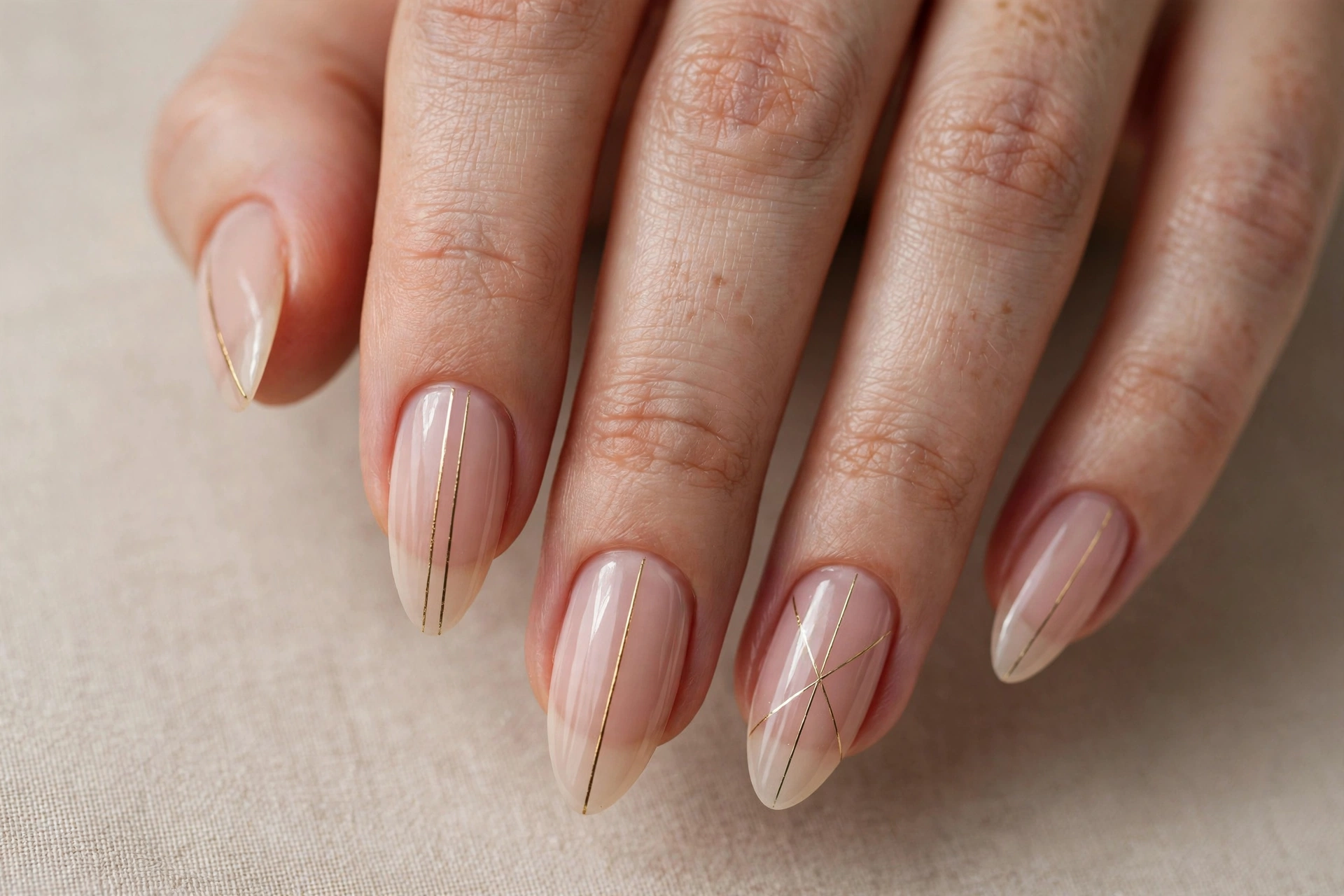 Thin gold line art on nude almond nails