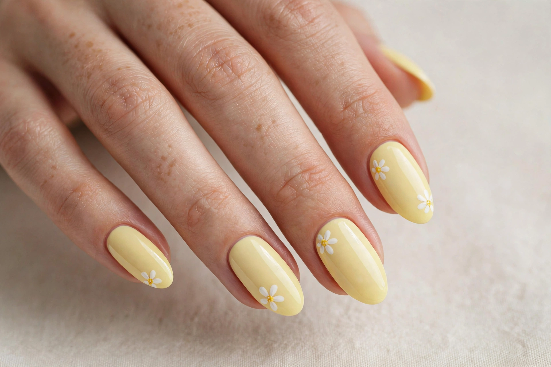 White daisy flowers on pastel yellow nails
