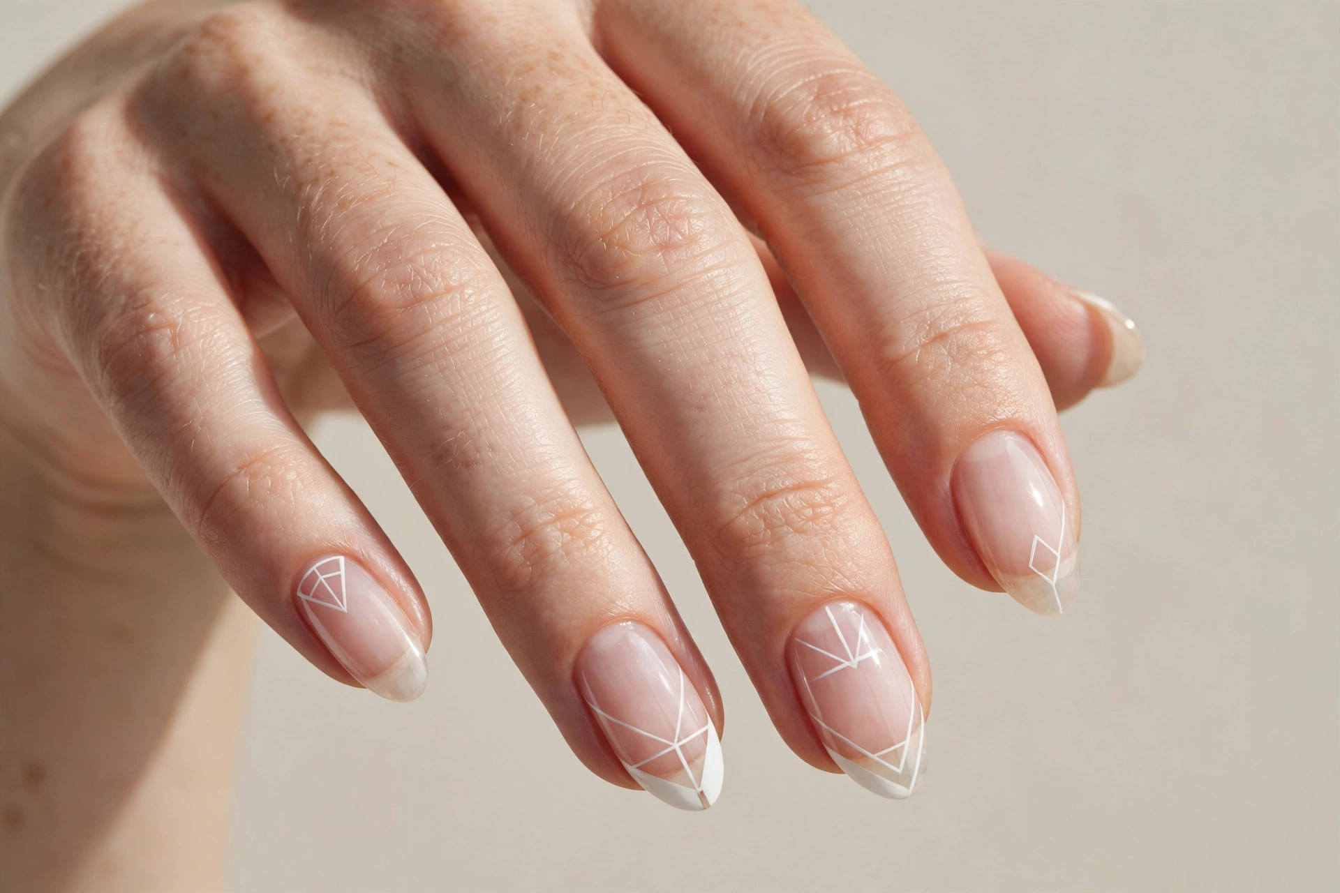 Negative space geometric nail art with white shapes on bare nails