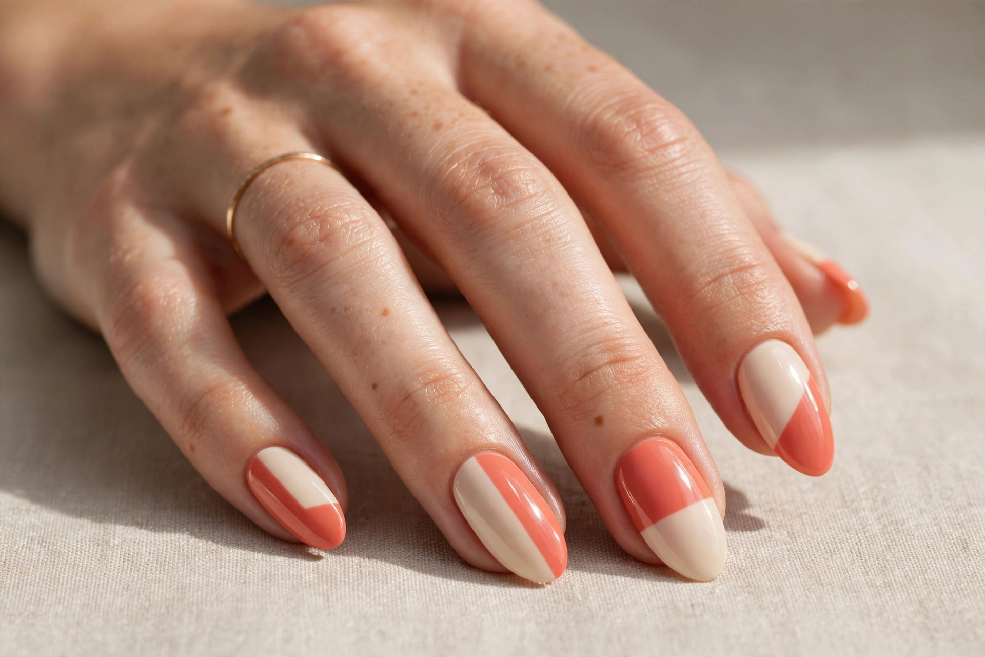 Coral and cream color block nail art