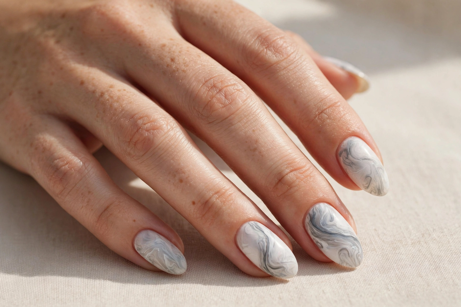 Gray and white dry brush marble effect nails