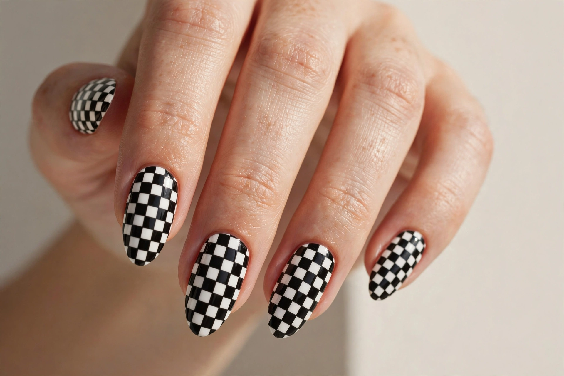 Black and white checkerboard nail art