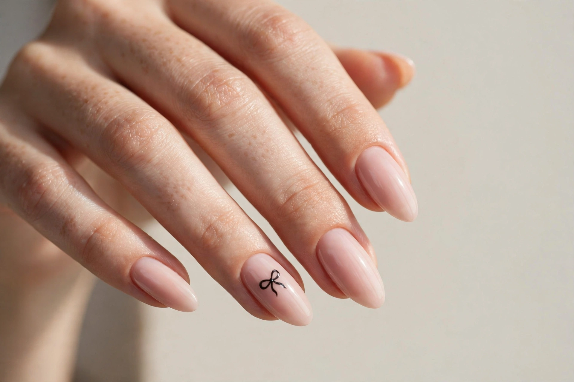 Tiny black bow nail art on nude pink nails