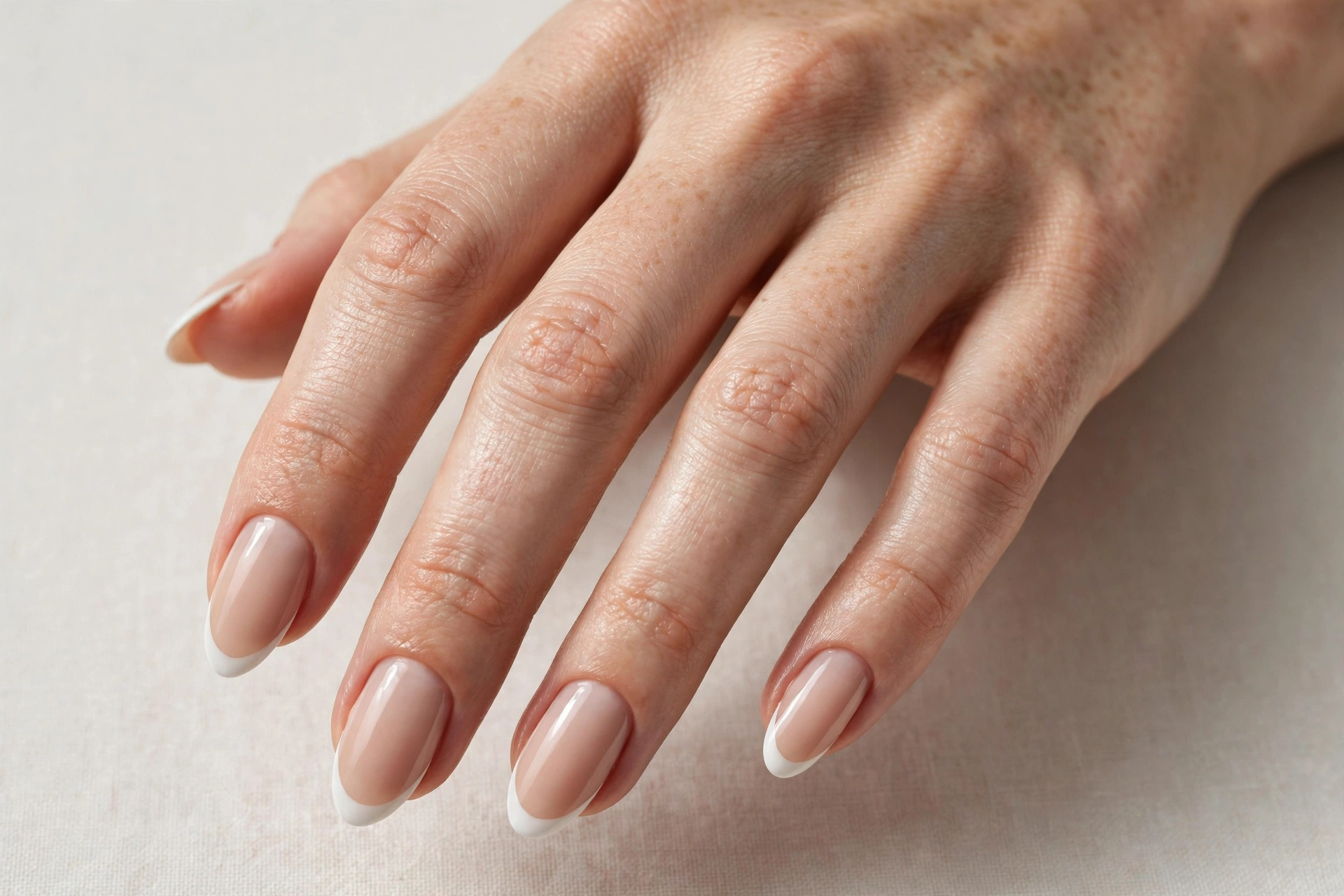 Classic French tip manicure with white tips on a nude base, almond nails