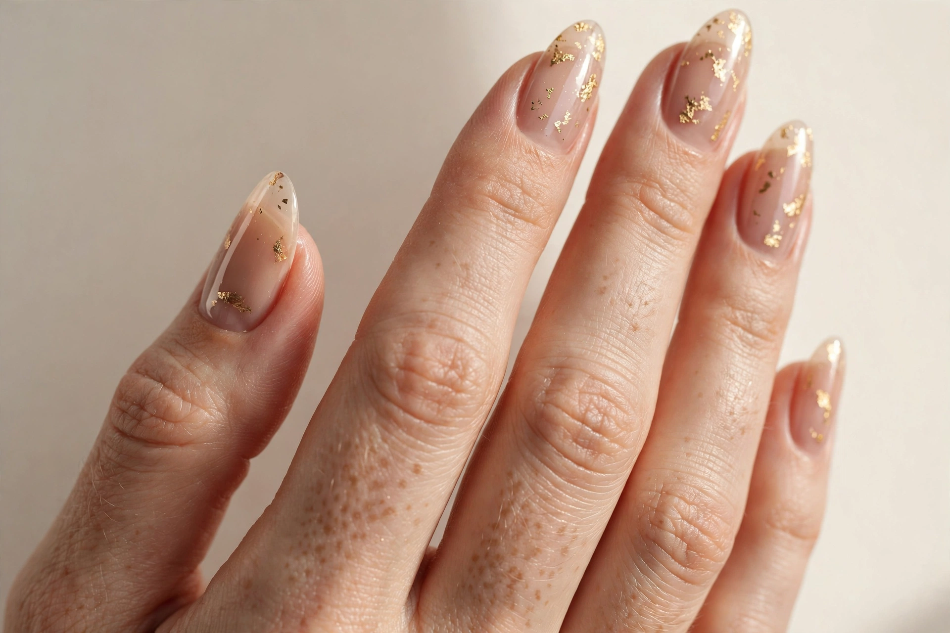 Sheer nude manicure with delicate gold foil flakes, almond nails