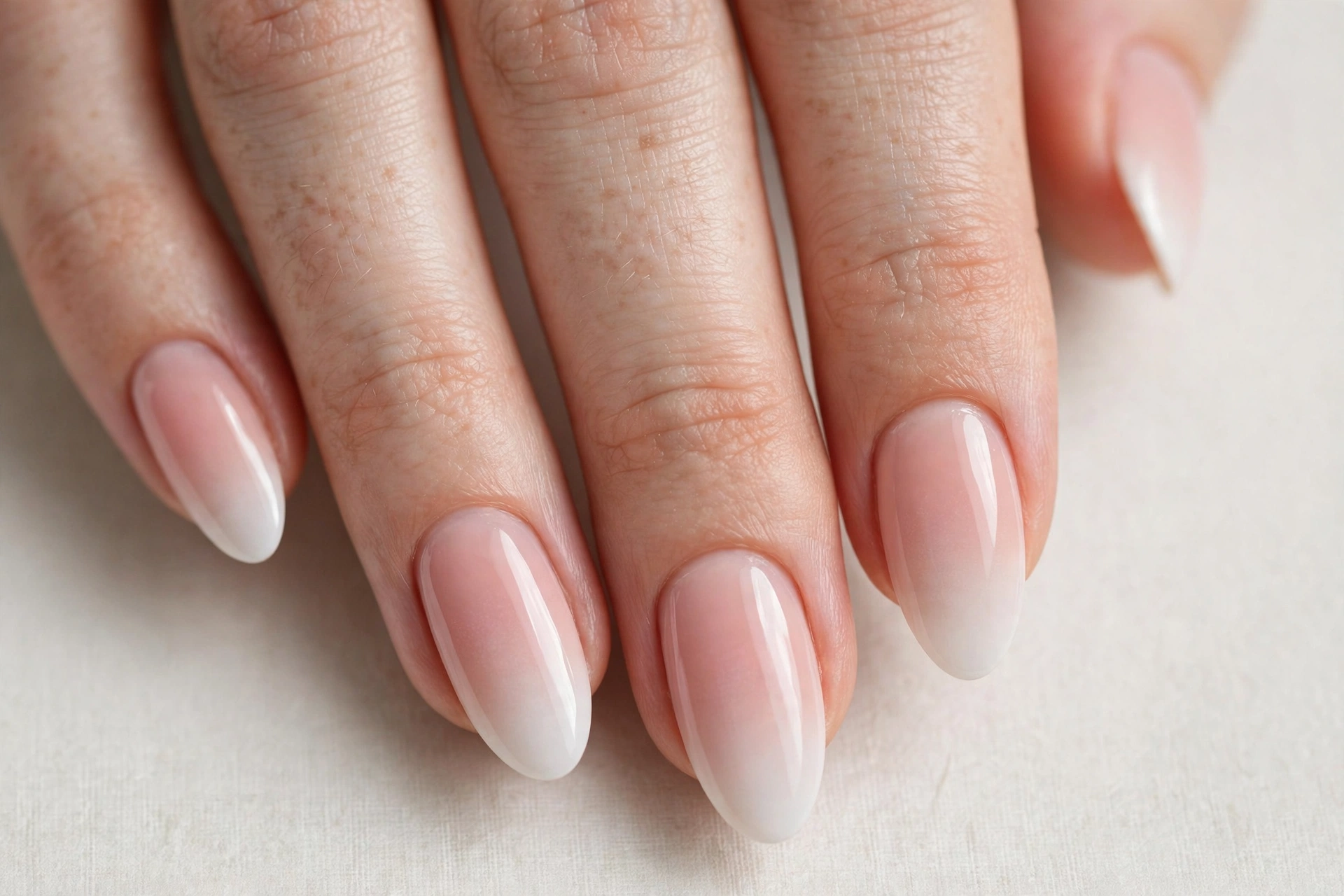 Blush pink baby boomer ombre manicure fading from nude to white tips