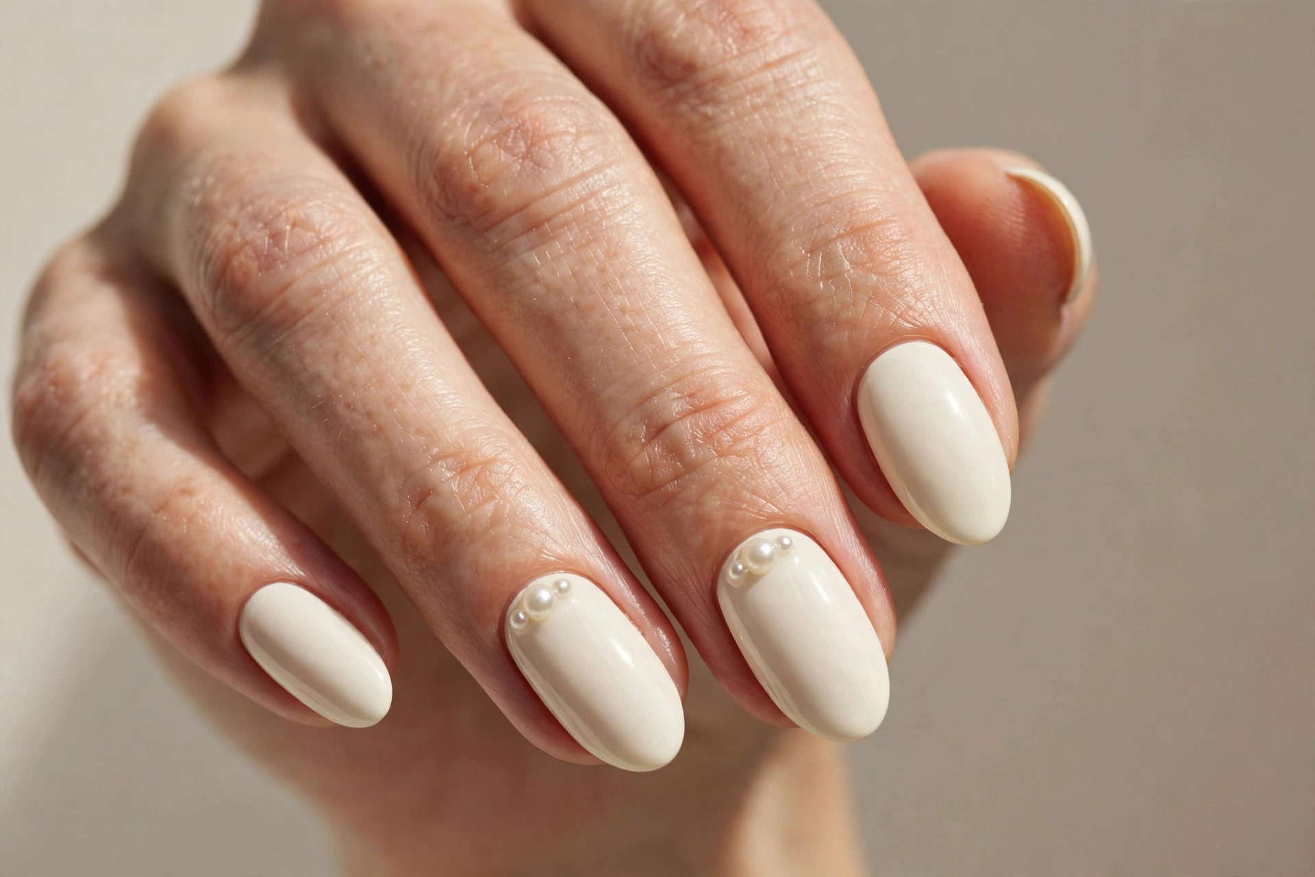 Ivory manicure with tiny pearl accents on two nails