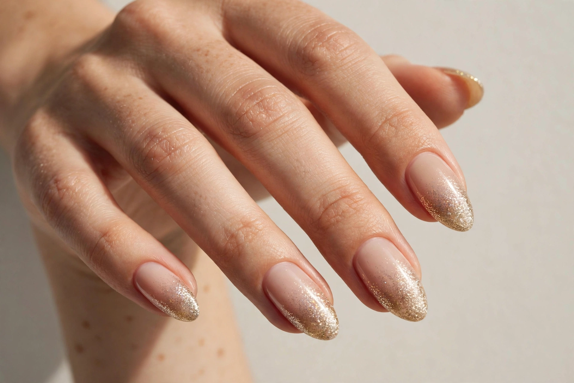Champagne glitter fade manicure blending from nude to glitter tips