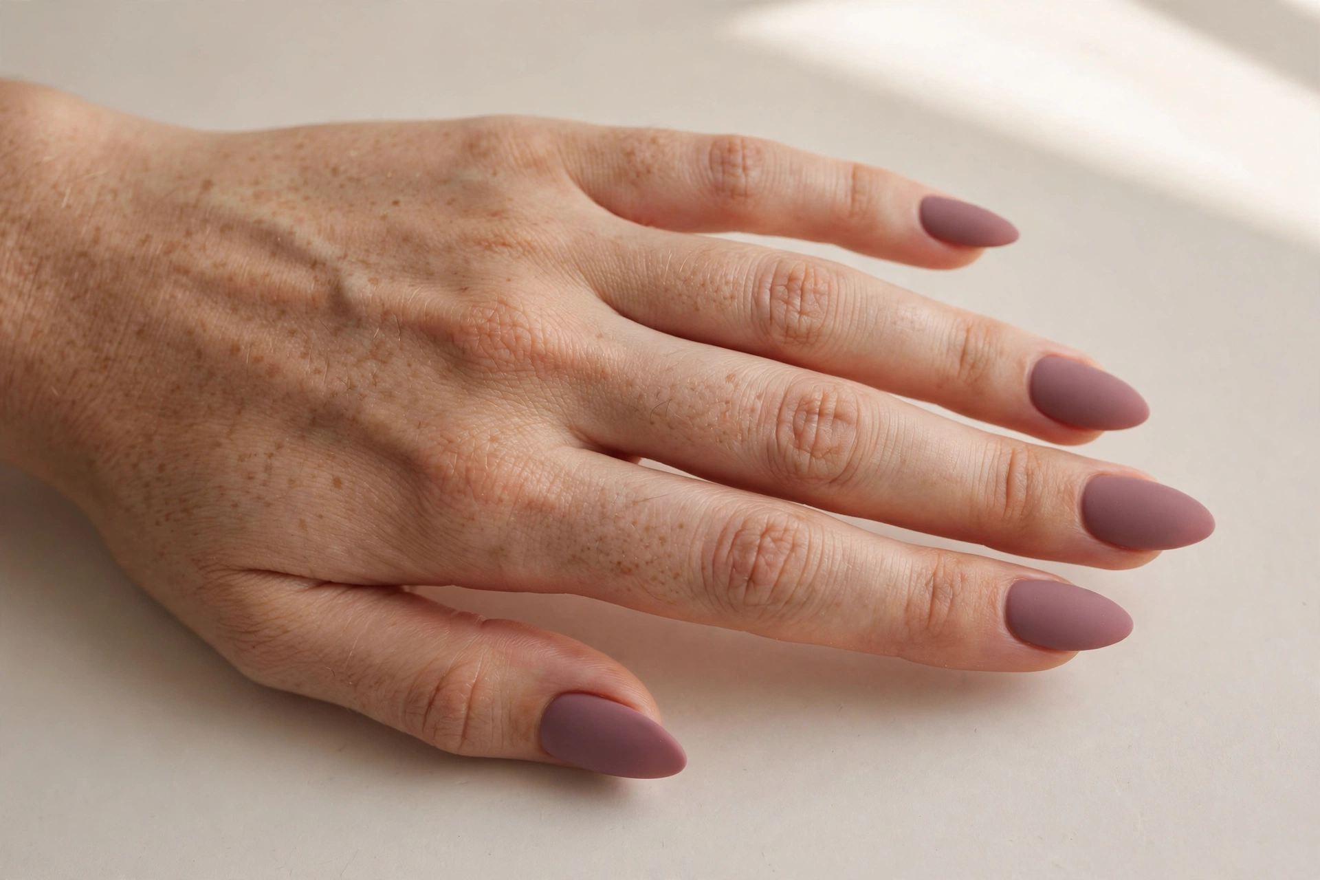 Matte dusty mauve manicure on almond nails