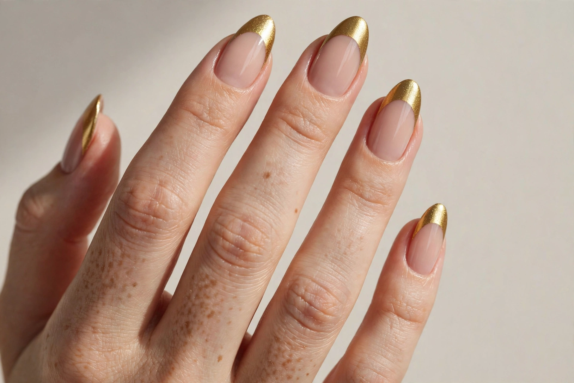 Gold dipped metallic French tip manicure on a nude base