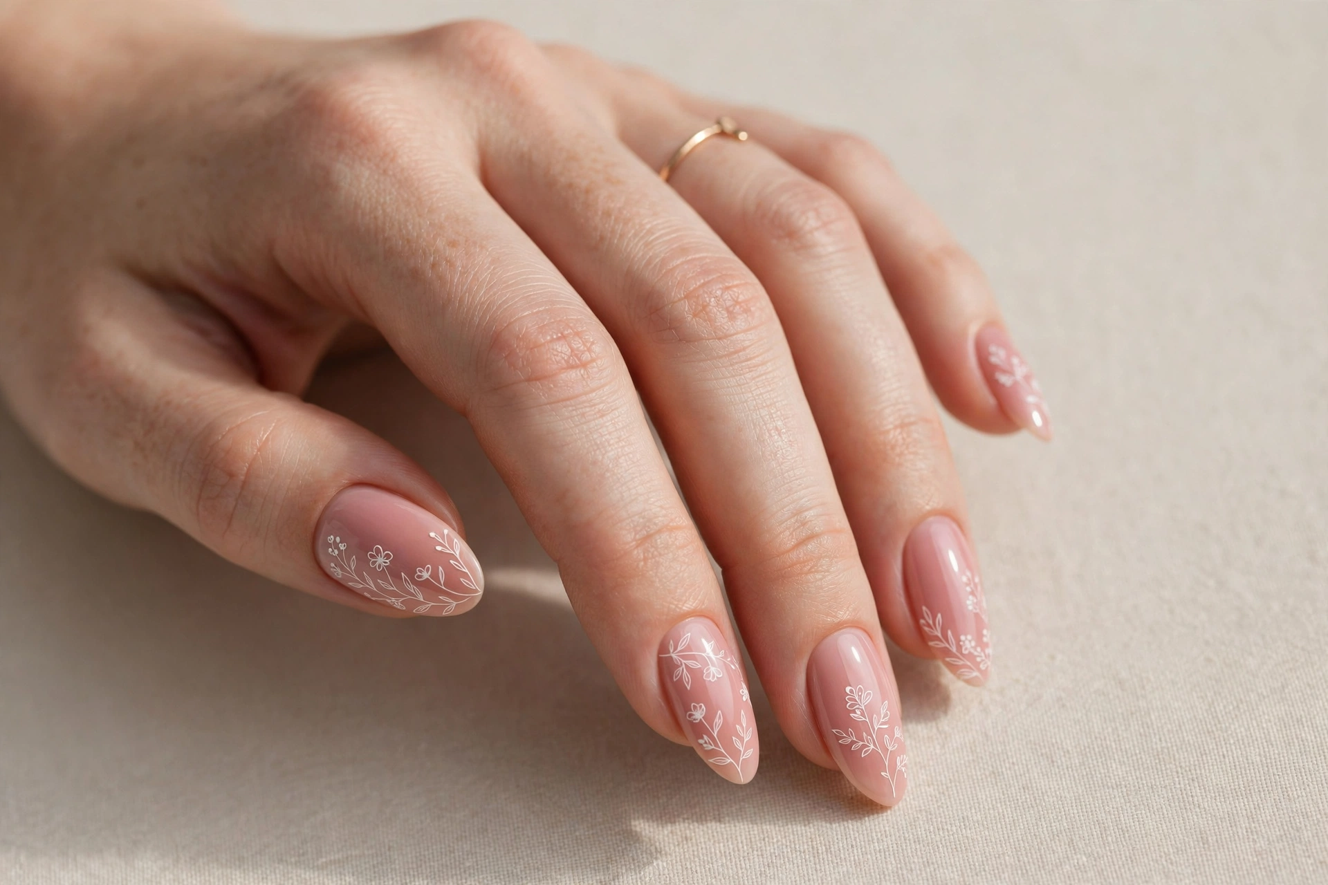 Blush pink manicure with delicate white hand-painted floral line art