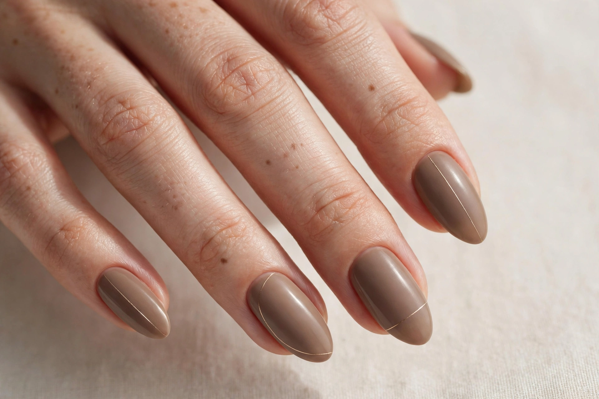 Warm taupe minimalist manicure with thin gold line art detail