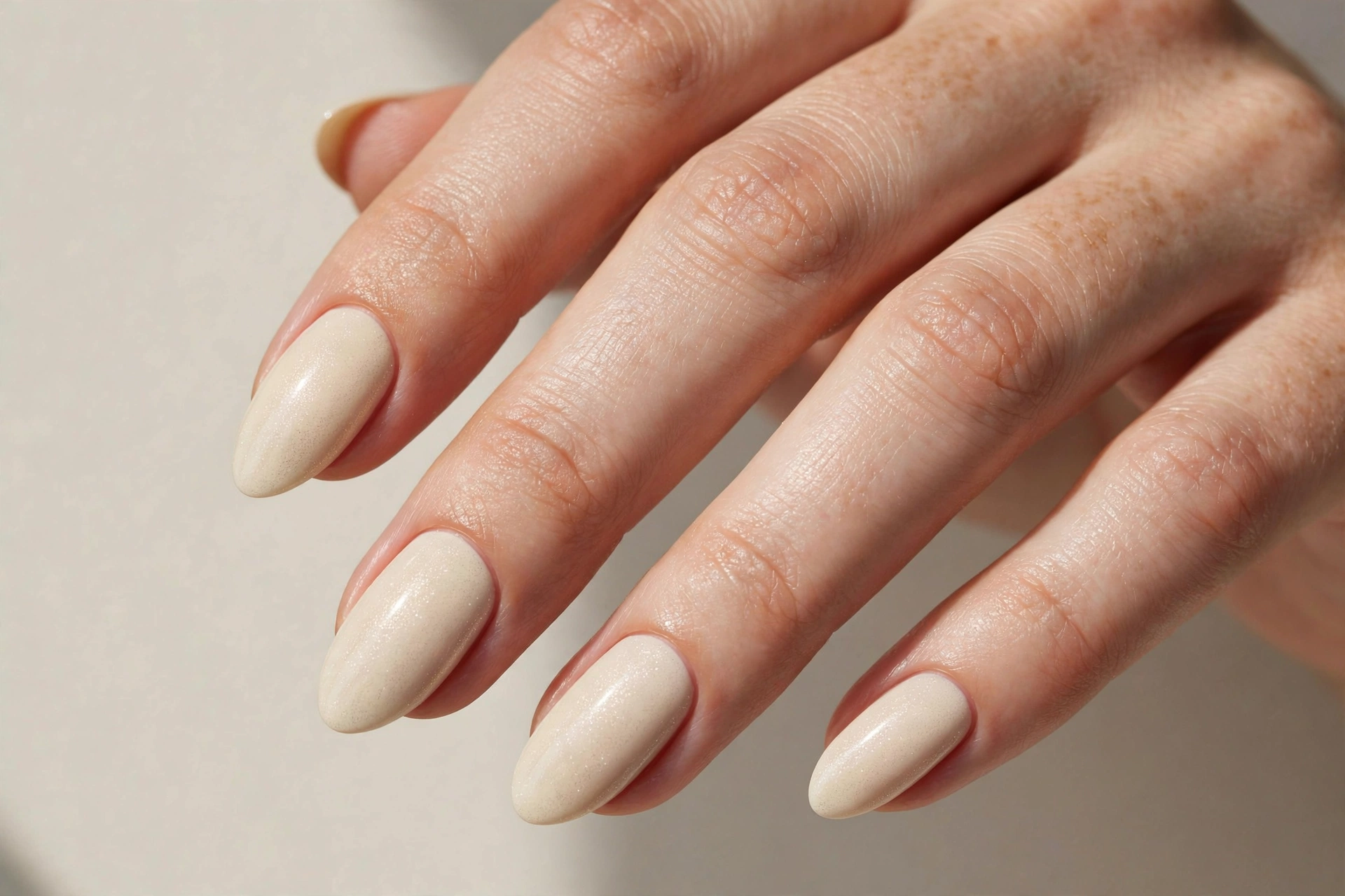 Cream manicure with subtle shimmer finish on almond nails