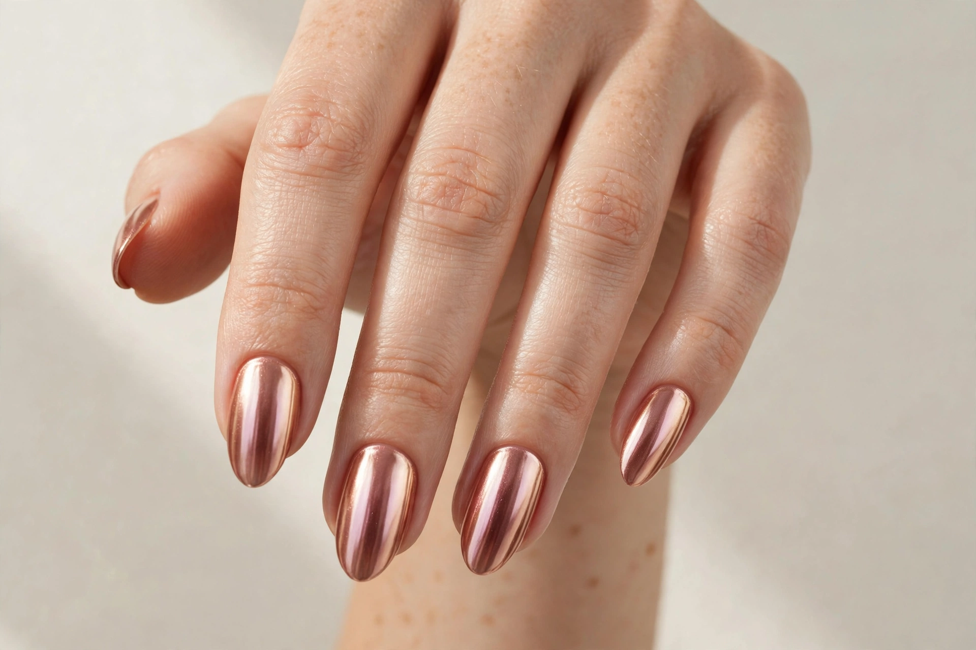 Rose gold chrome manicure with mirror finish on almond nails