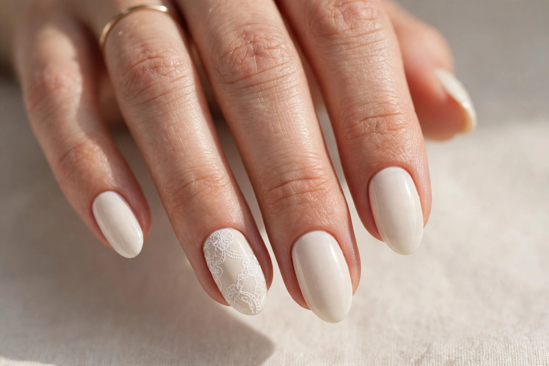 Ivory manicure with subtle lace-inspired white detail on the ring finger