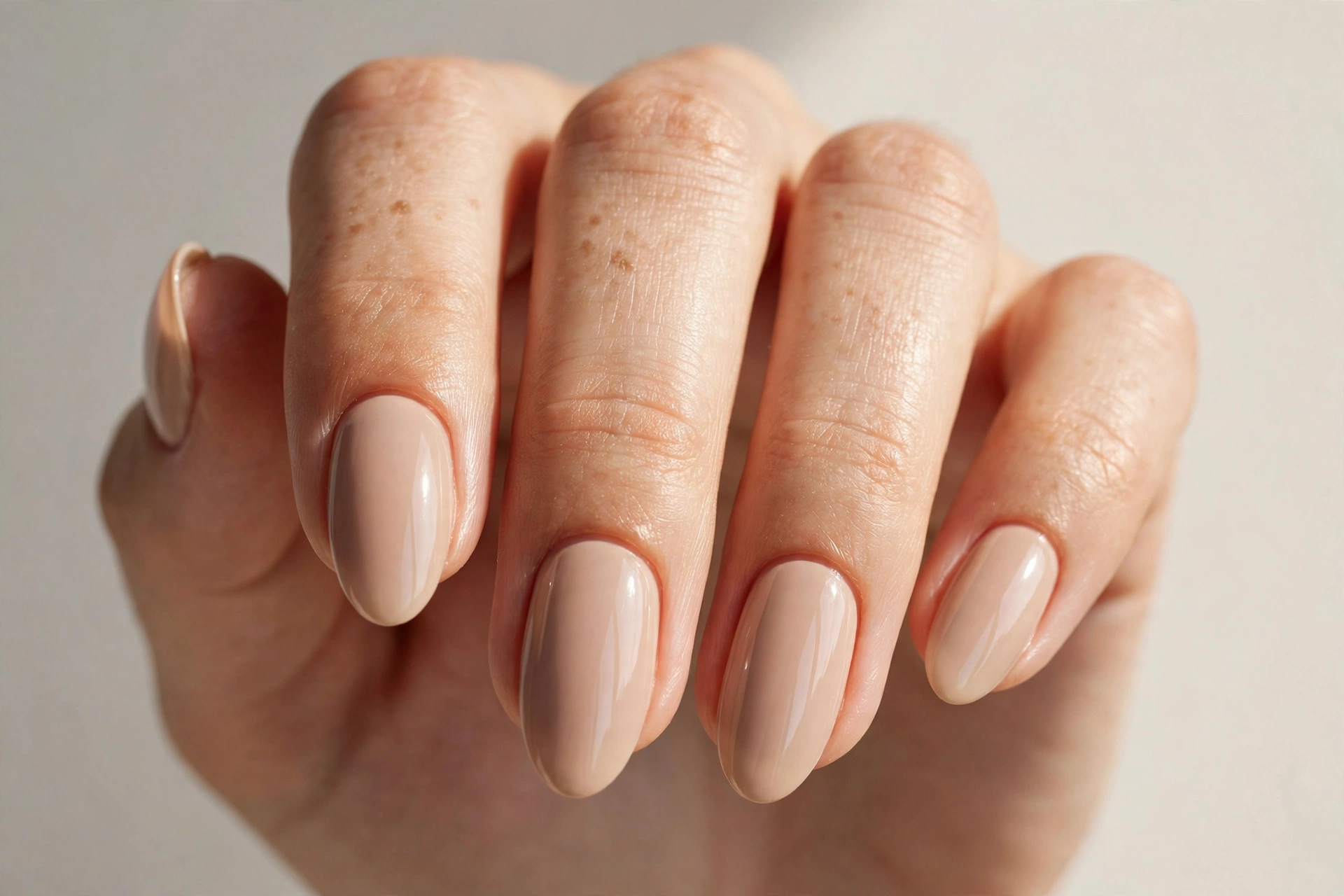 Soft beige glossy nude manicure on almond nails