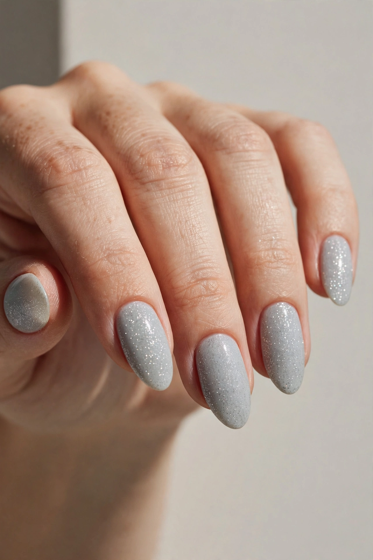 Pale gray manicure with fine silver micro glitter on almond nails