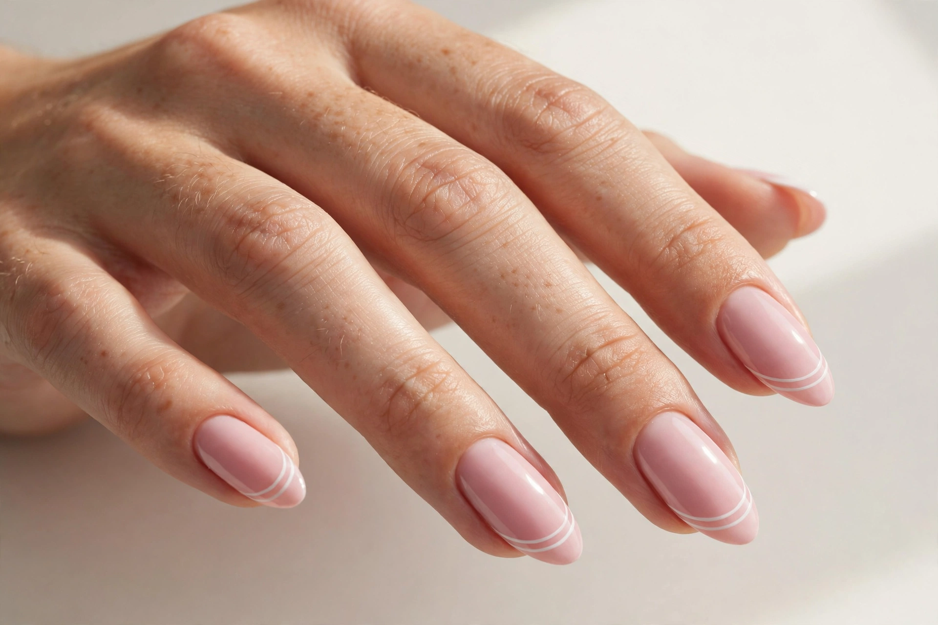 Double line French manicure with baby pink base and two thin white tip lines