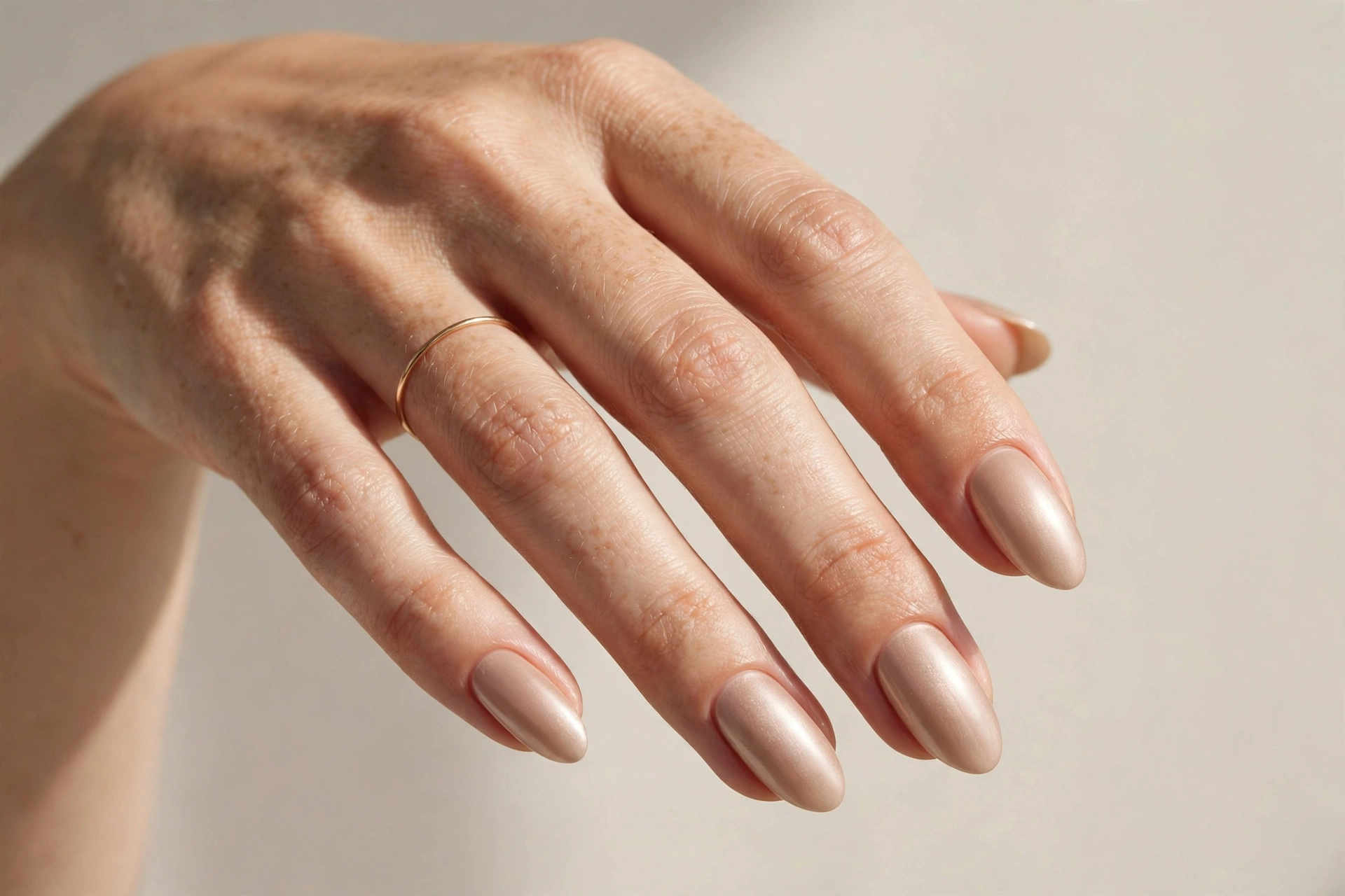Satin champagne nude manicure with satin finish on almond nails