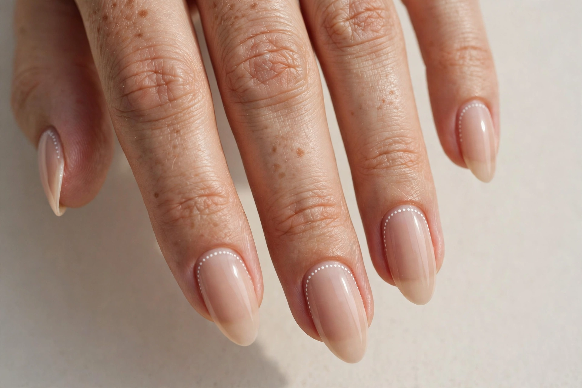 Nude manicure with delicate white micro dot nail art along the cuticle line
