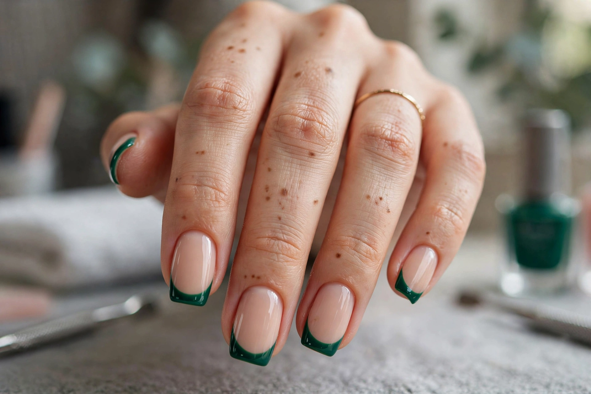 Solid emerald green glossy almond nails