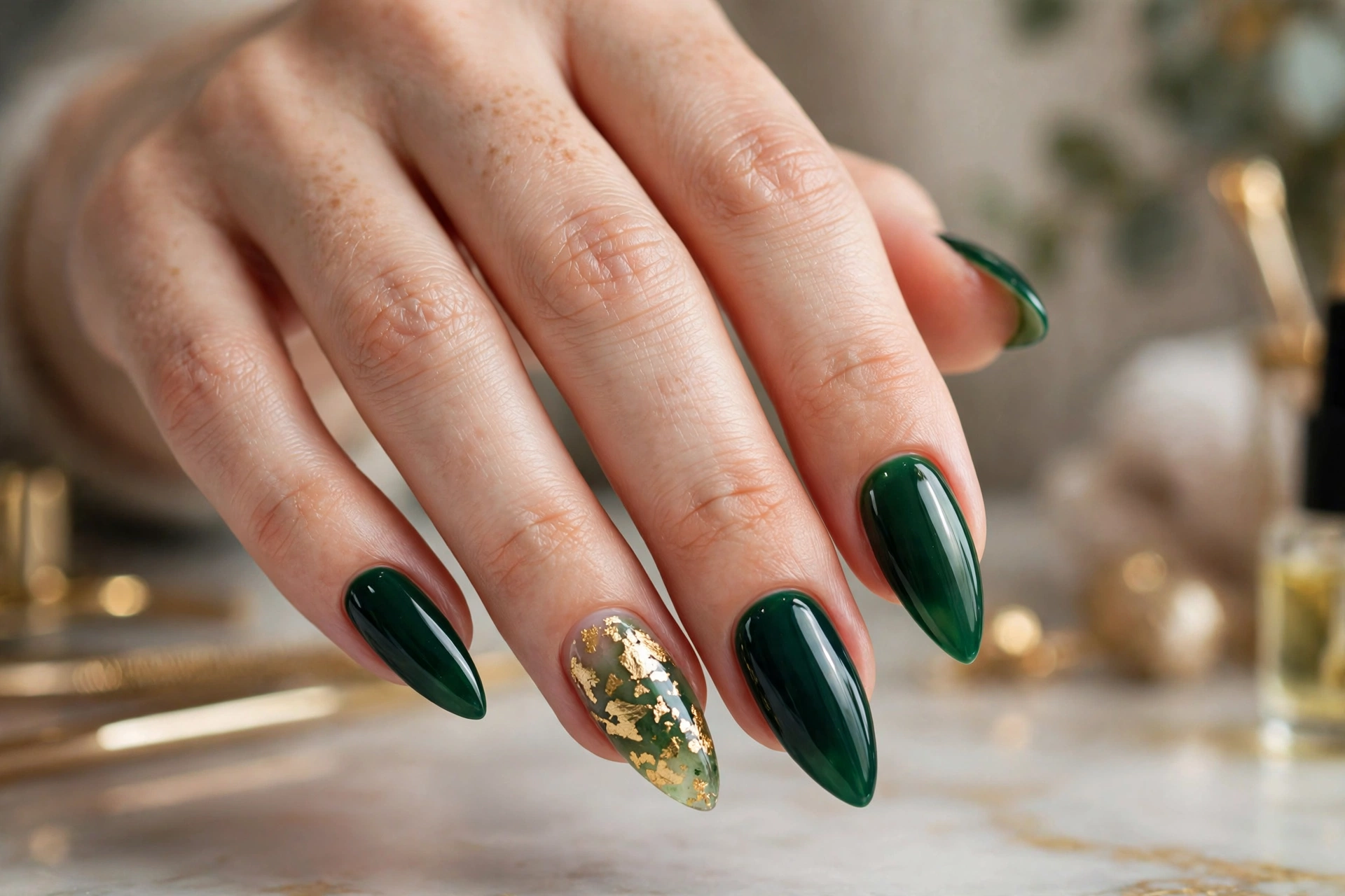 Emerald green nails with gold foil flakes